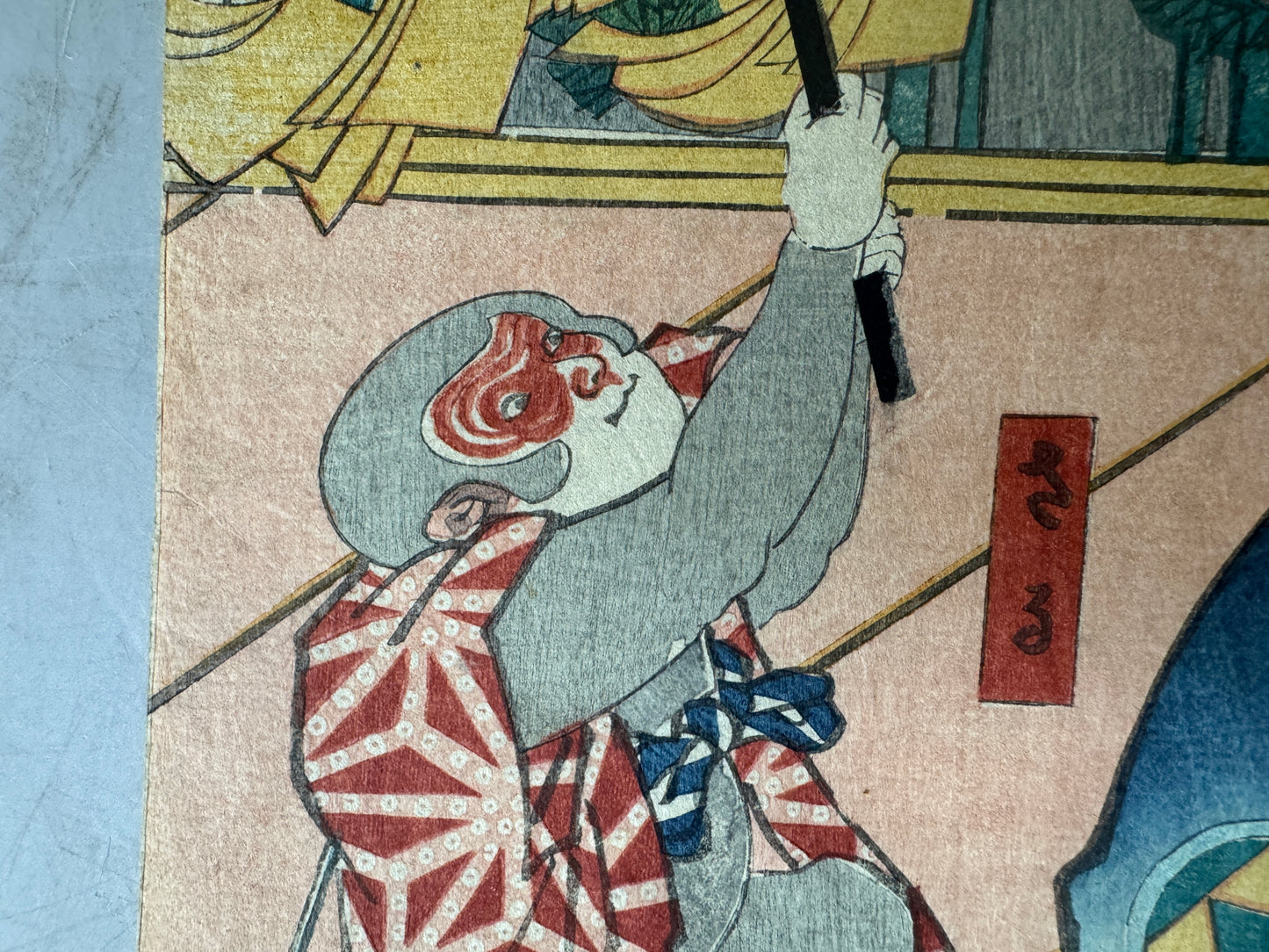 Y9004 WOODBLOCK PRINT Toyokuni Monkey show diptych Japan Ukiyoe antique art