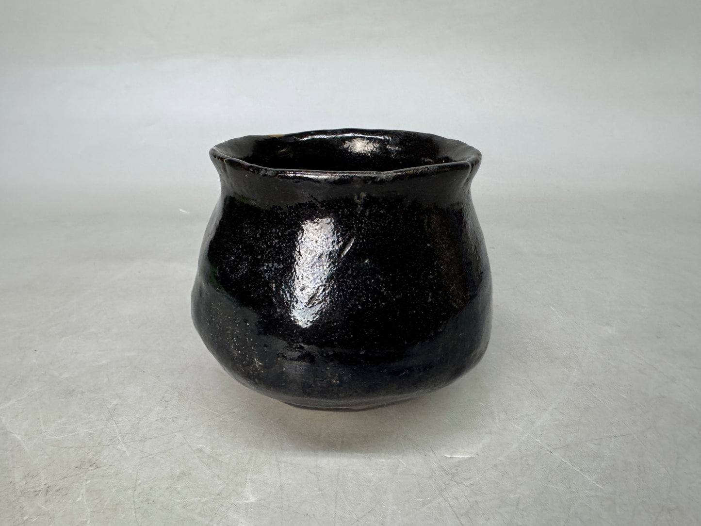 Y9014 CHAWAN Raku-ware tube bowl kintsugi deformed Japan antique tea ceremony
