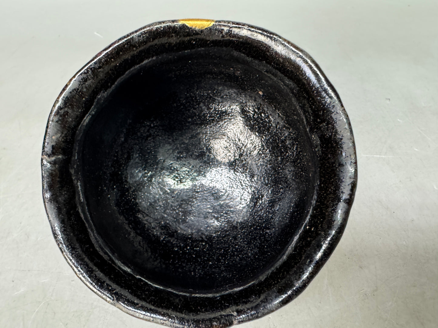 Y9014 CHAWAN Raku-ware tube bowl kintsugi deformed Japan antique tea ceremony
