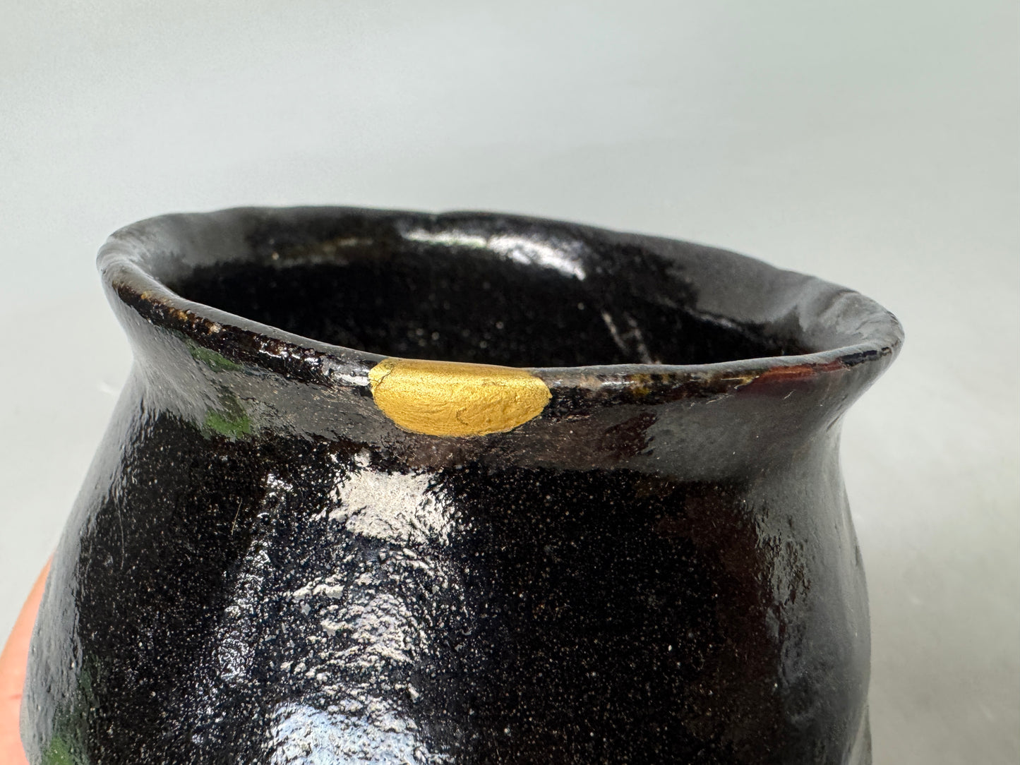 Y9014 CHAWAN Raku-ware tube bowl kintsugi deformed Japan antique tea ceremony