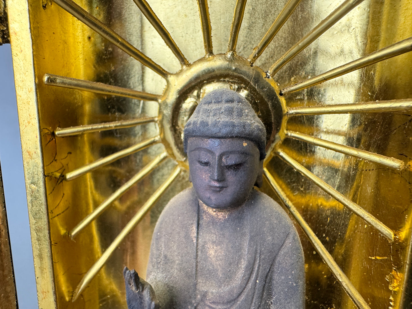 Y9019 STATUE wood carving Amitabha Buddha figurine shrine Japan antique Buddhism