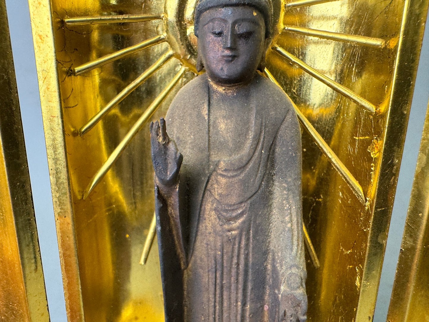 Y9019 STATUE wood carving Amitabha Buddha figurine shrine Japan antique Buddhism