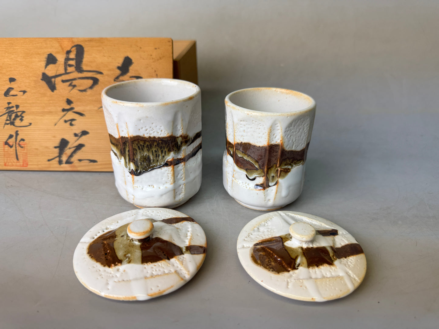 Y9030 YUNOMI Shino-ware teacup cup signed box Japan antique tea ceremony Sencha