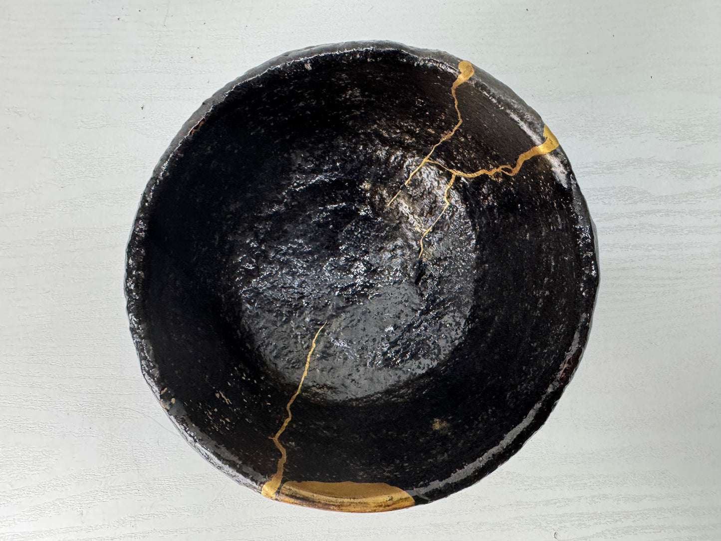 Y9093 CHAWAN Raku-ware black bowl signed box kintsugi Japan antique tea ceremony