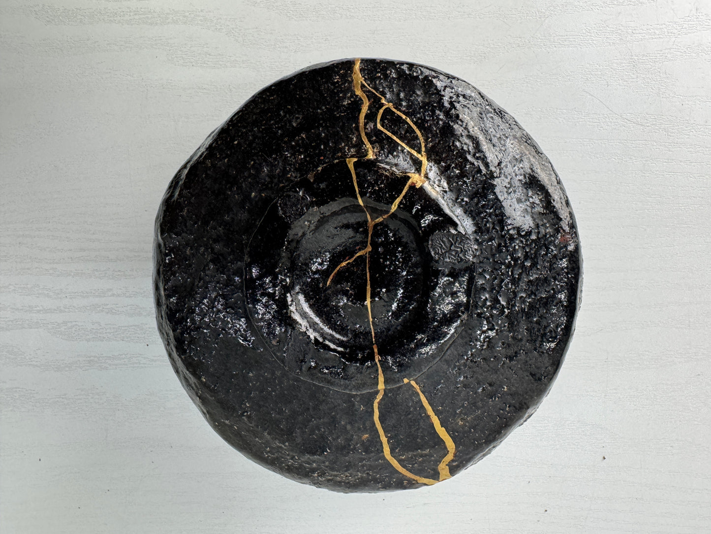 Y9093 CHAWAN Raku-ware black bowl signed box kintsugi Japan antique tea ceremony