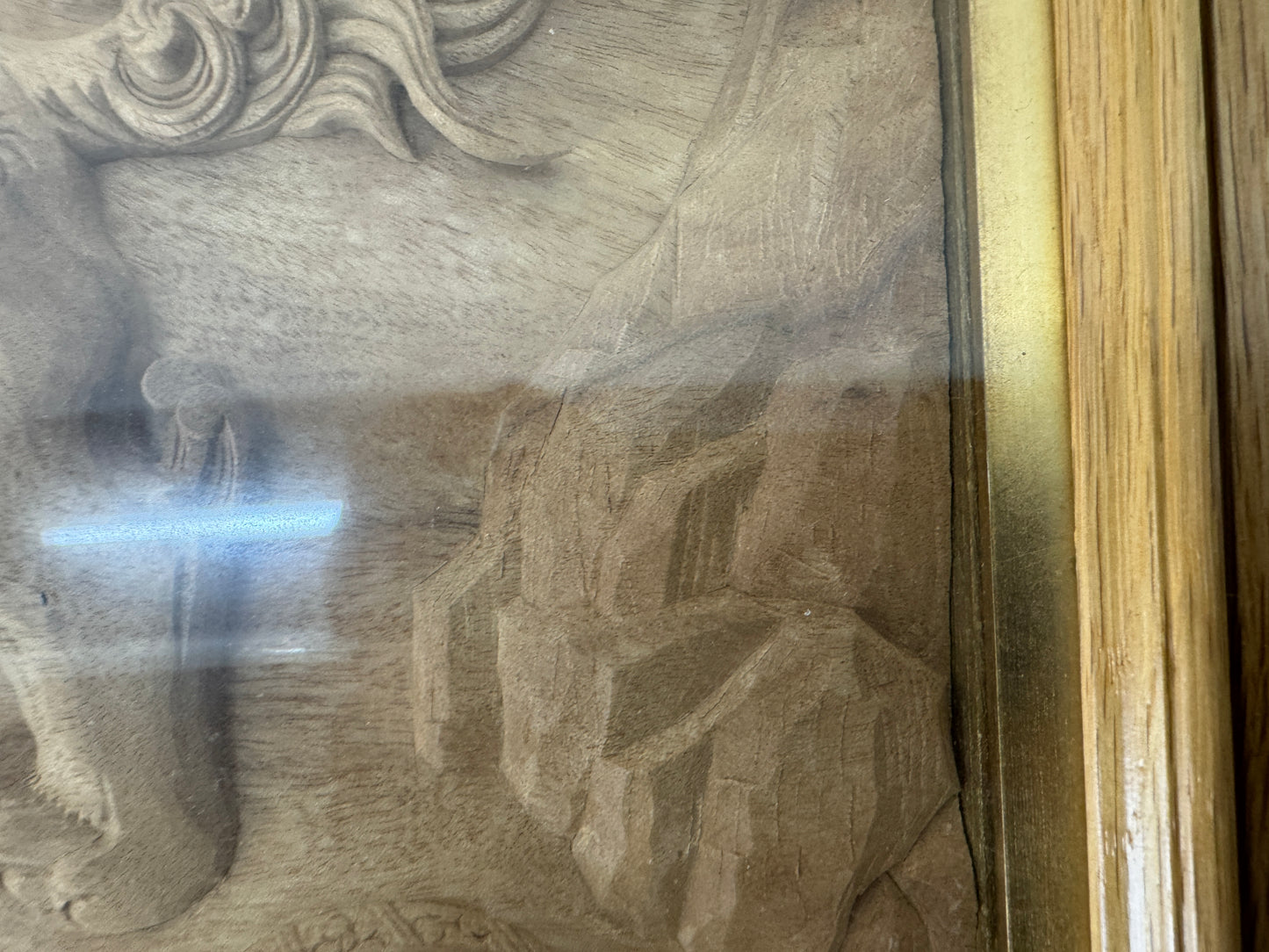 Y9096 OKIMONO wood carving Chinese lion framed signed Japan antique interior