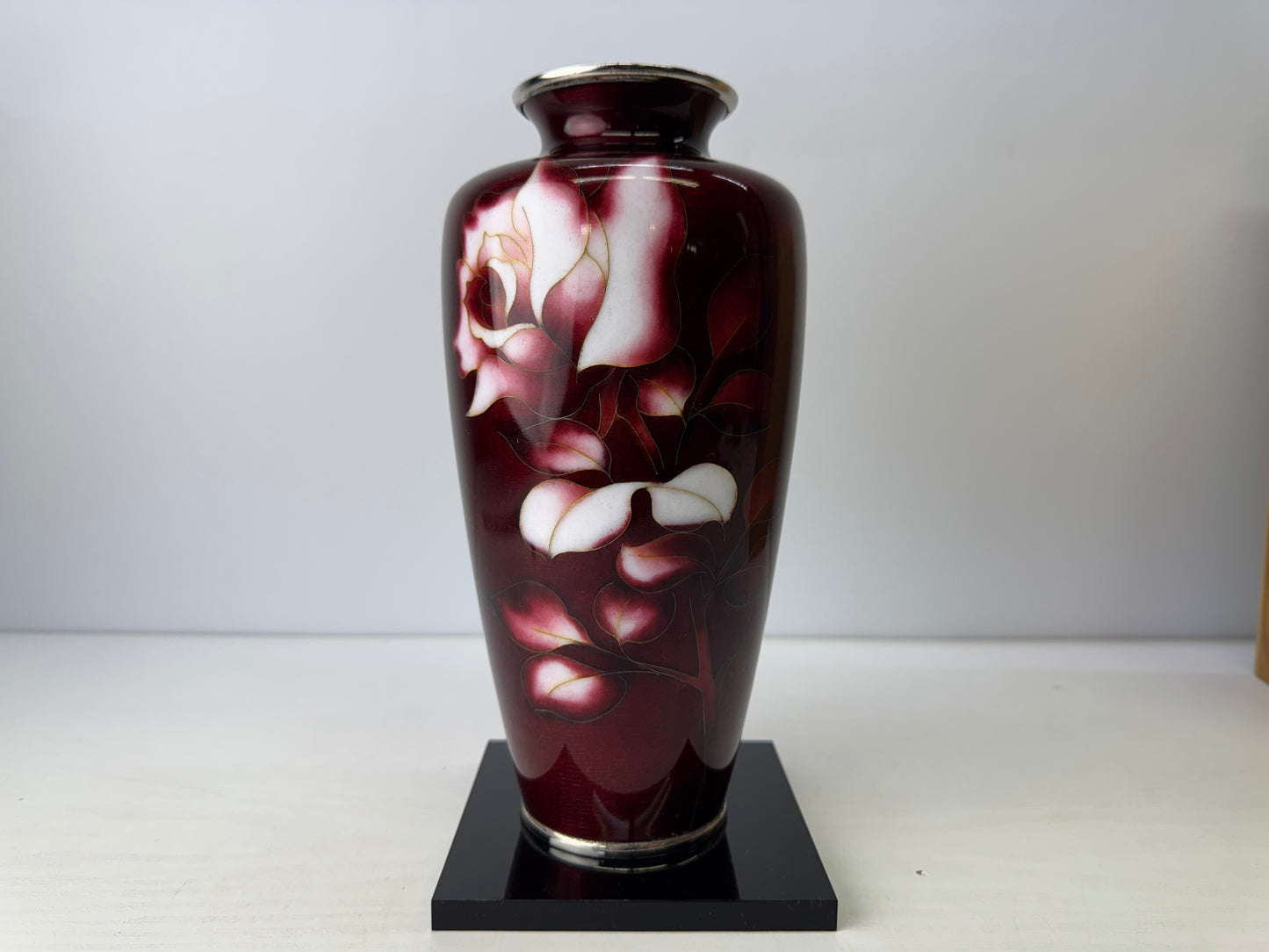 Y9099 FLOWER VASE Cloisonne Rose signed box Japan ikebana floral arrangement