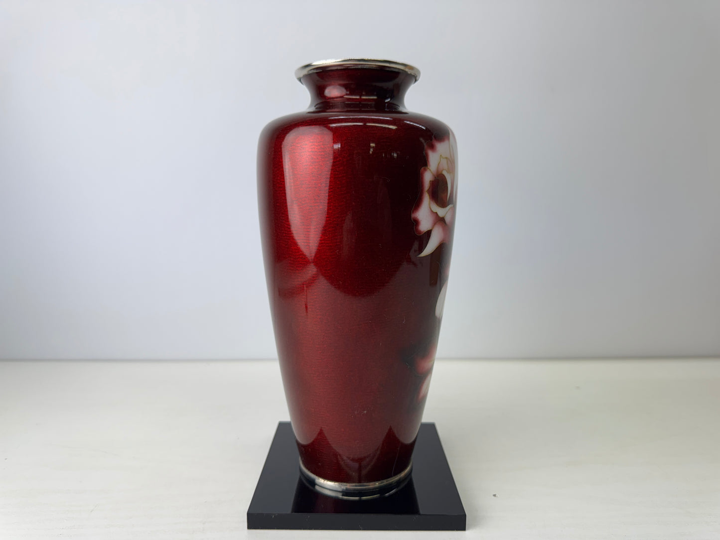 Y9099 FLOWER VASE Cloisonne Rose signed box Japan ikebana floral arrangement