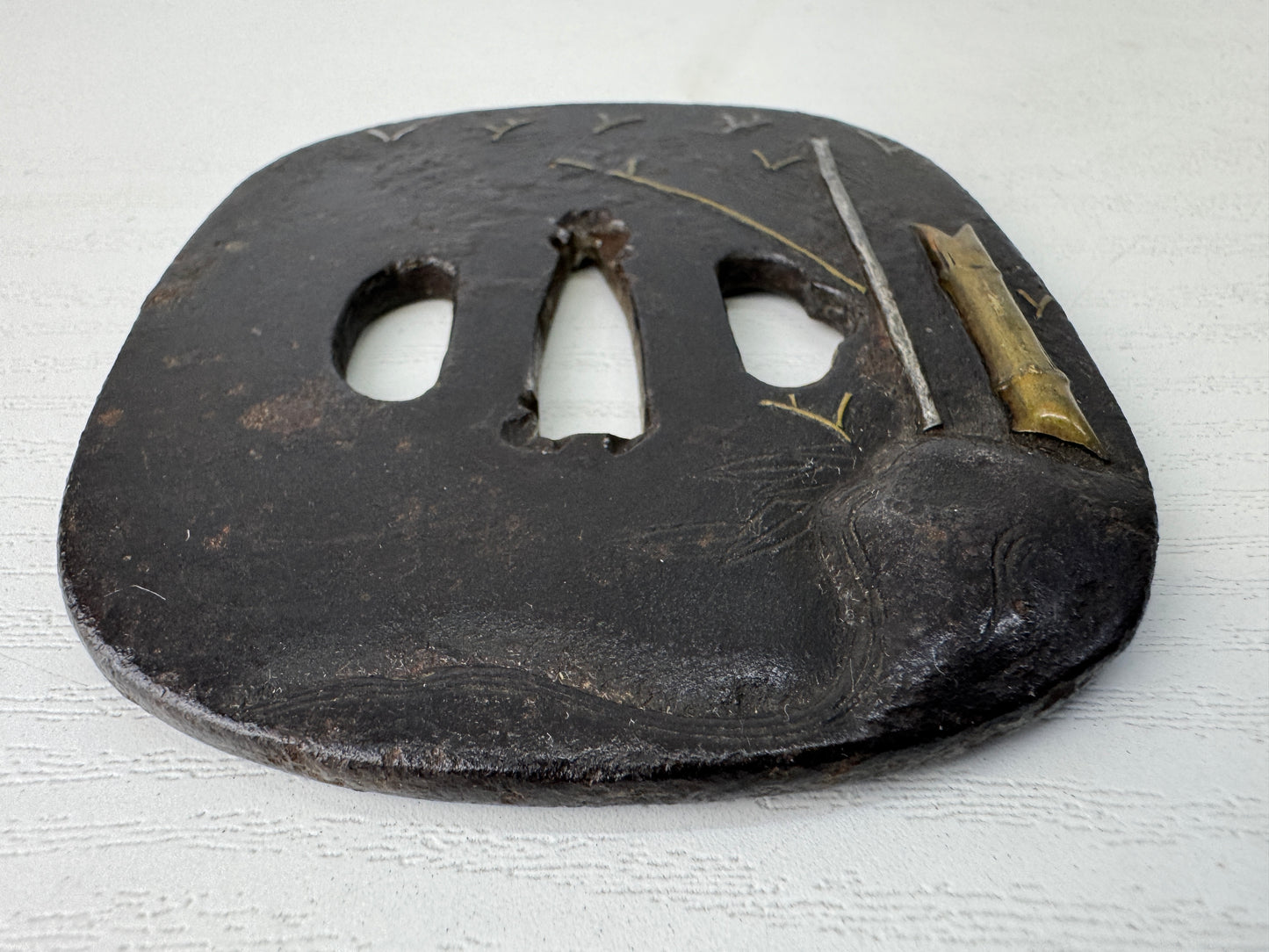 Y9103 TSUBA Iron sword guard Bamboo inlay Japan antique katana koshirae edo