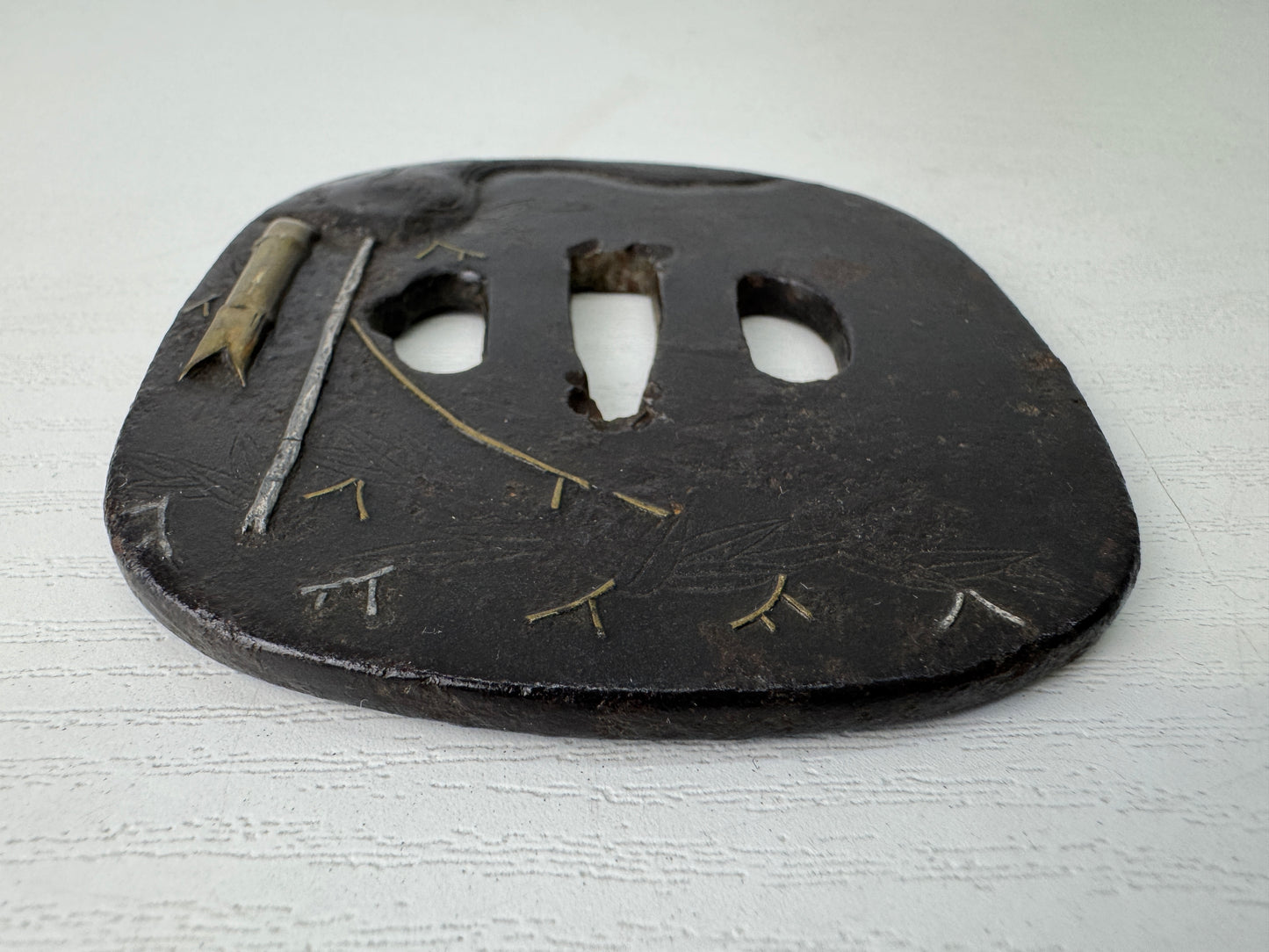 Y9103 TSUBA Iron sword guard Bamboo inlay Japan antique katana koshirae edo