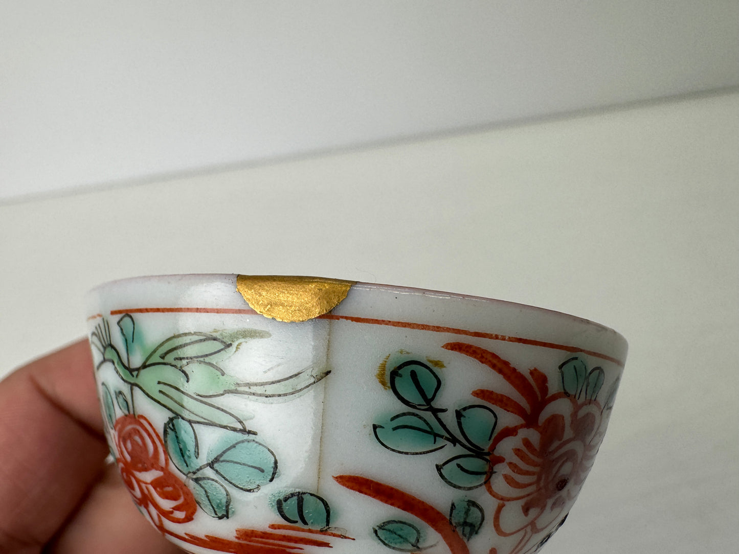 Y9114 CHAWAN Kyo-ware sake cup sakazuki kintsugi box Japan antique tableware