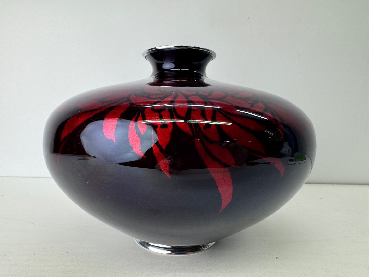 Y9119 FLOWER VASE Cloisonne Black signed box Japan ikebana floral arrangement