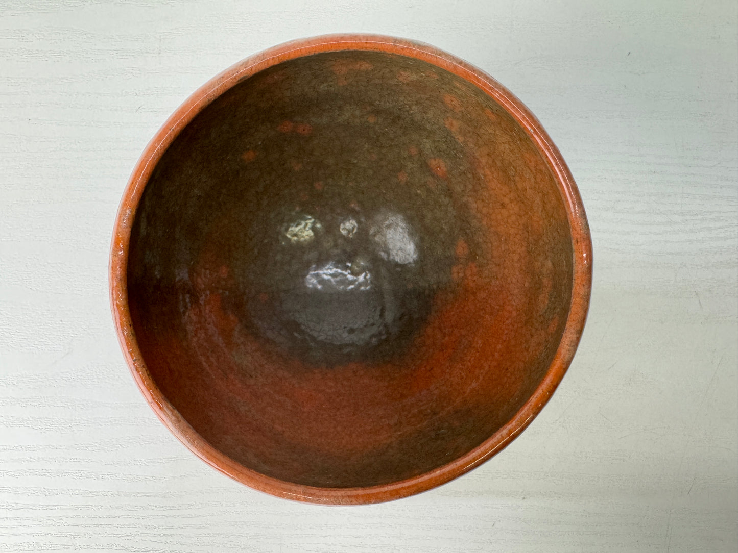 Y9128 CHAWAN Raku-ware Red deformed bowl signed Japan antique tea ceremony cup
