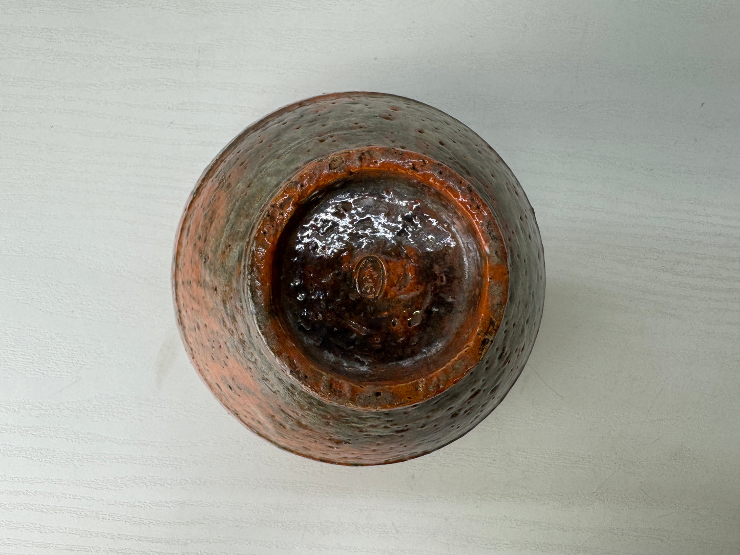 Y9128 CHAWAN Raku-ware Red deformed bowl signed Japan antique tea ceremony cup