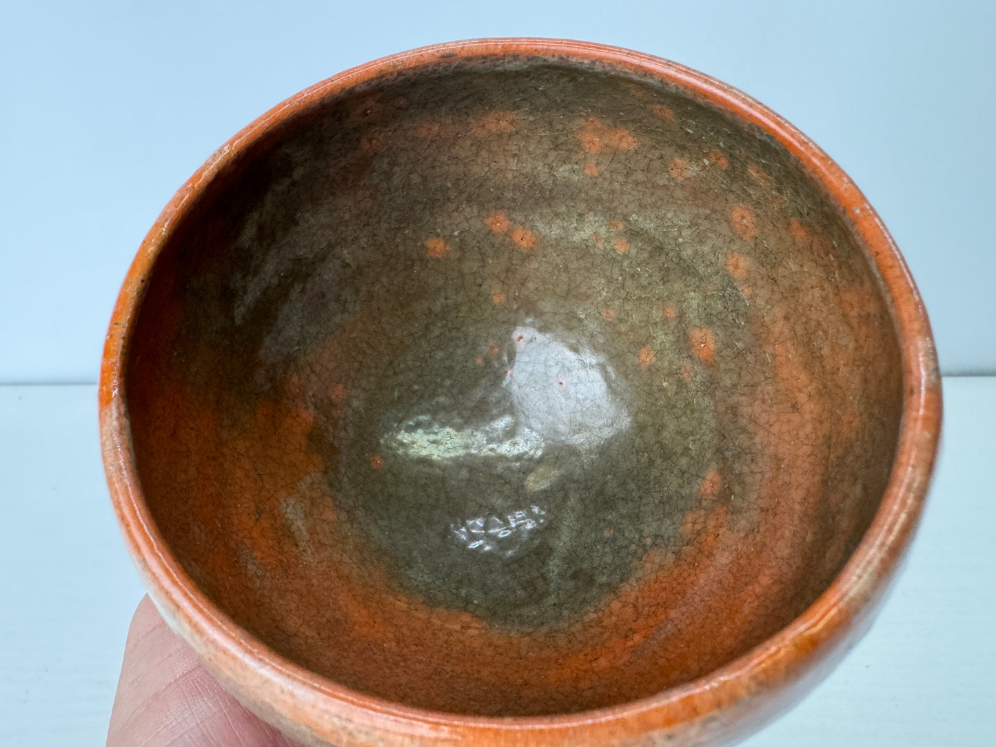 Y9128 CHAWAN Raku-ware Red deformed bowl signed Japan antique tea ceremony cup