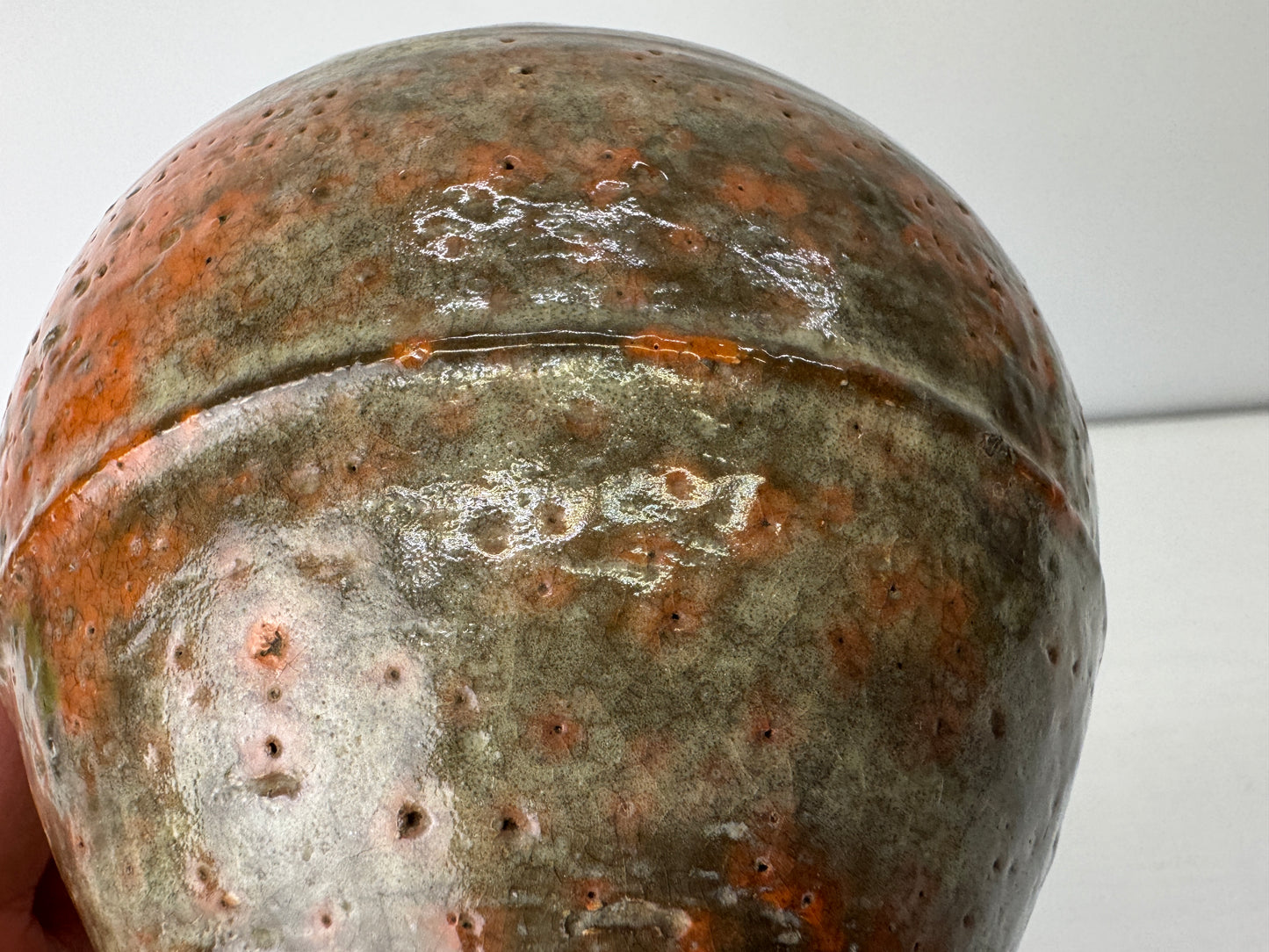 Y9128 CHAWAN Raku-ware Red deformed bowl signed Japan antique tea ceremony cup