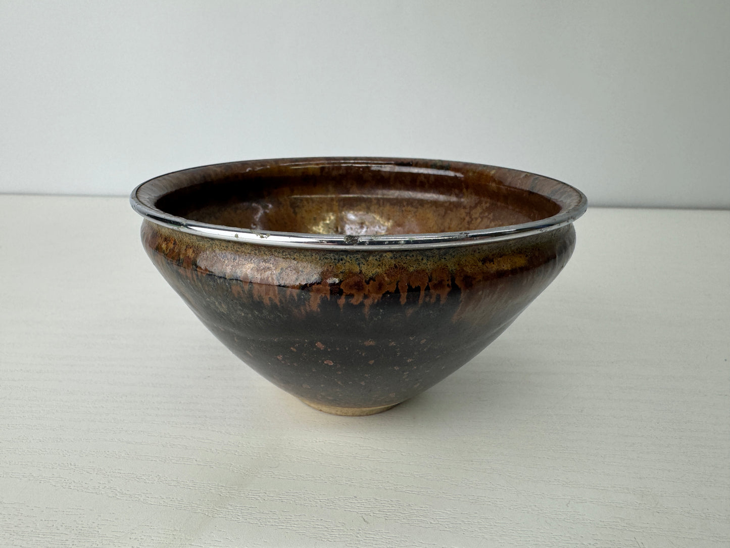 Y9129 CHAWAN Mino-ware Tenmoku bowl silver rim Japan antique tea ceremony cup