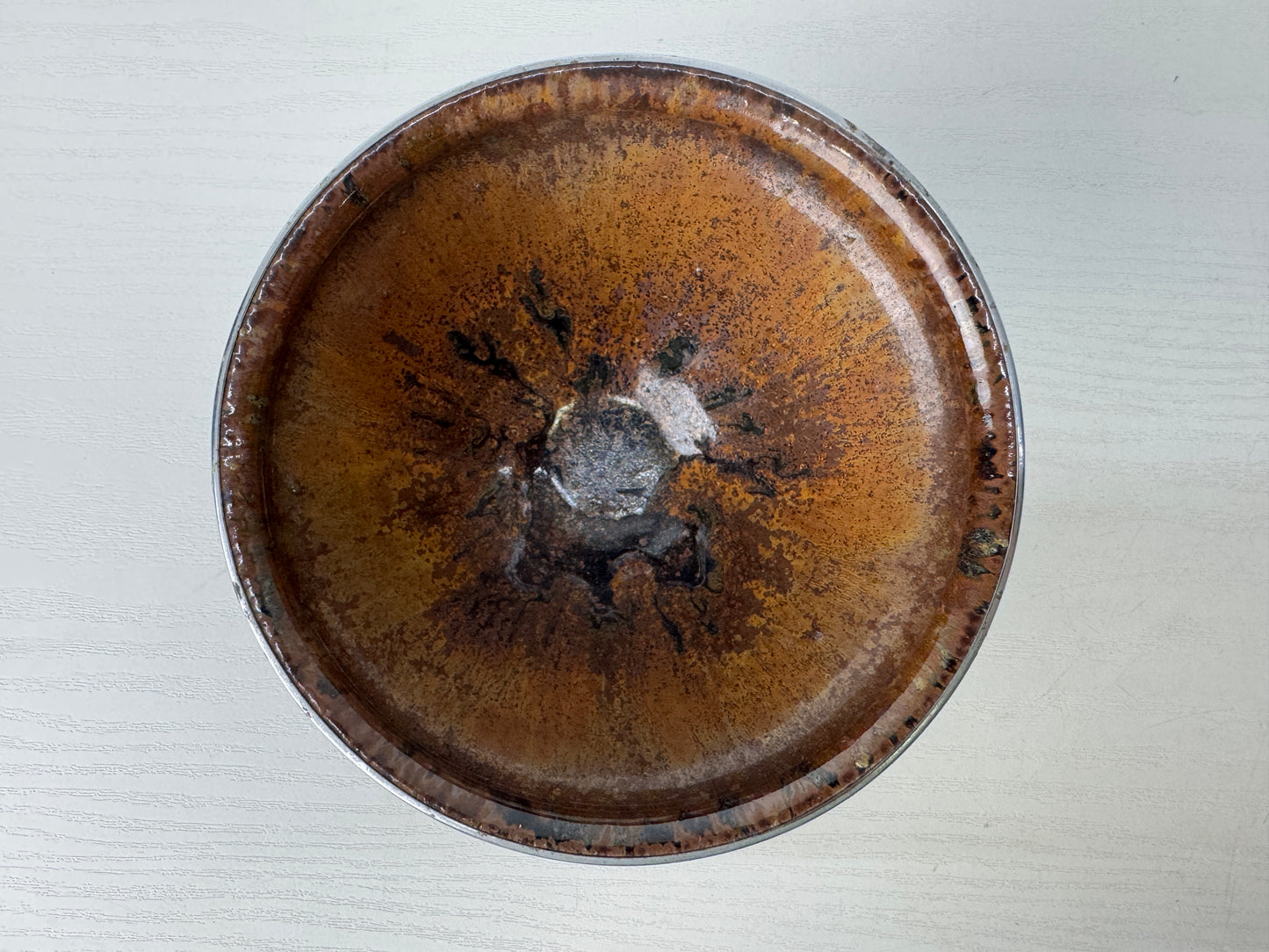 Y9129 CHAWAN Mino-ware Tenmoku bowl silver rim Japan antique tea ceremony cup
