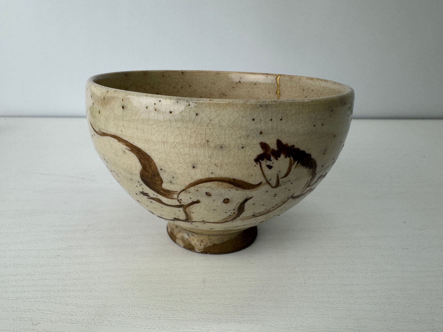 Y9130 CHAWAN Soma-ware kintsugi bowl Horse Japan antique tea ceremony pottery