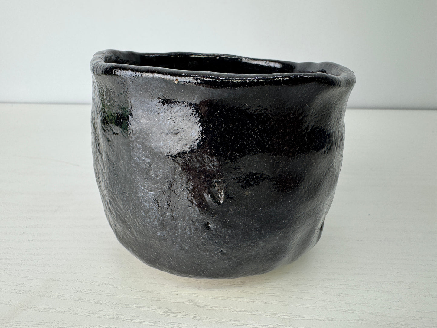 Y9131 CHAWAN Raku-ware Black number stamp bowl signed Japan antique tea ceremony
