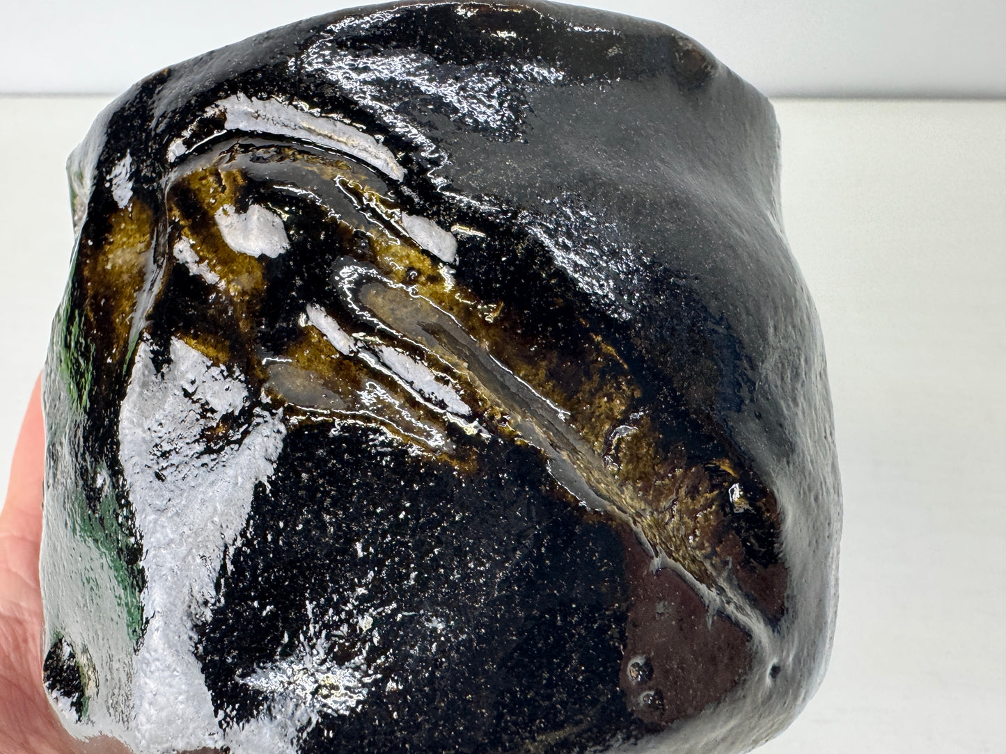 Y9131 CHAWAN Raku-ware Black number stamp bowl signed Japan antique tea ceremony
