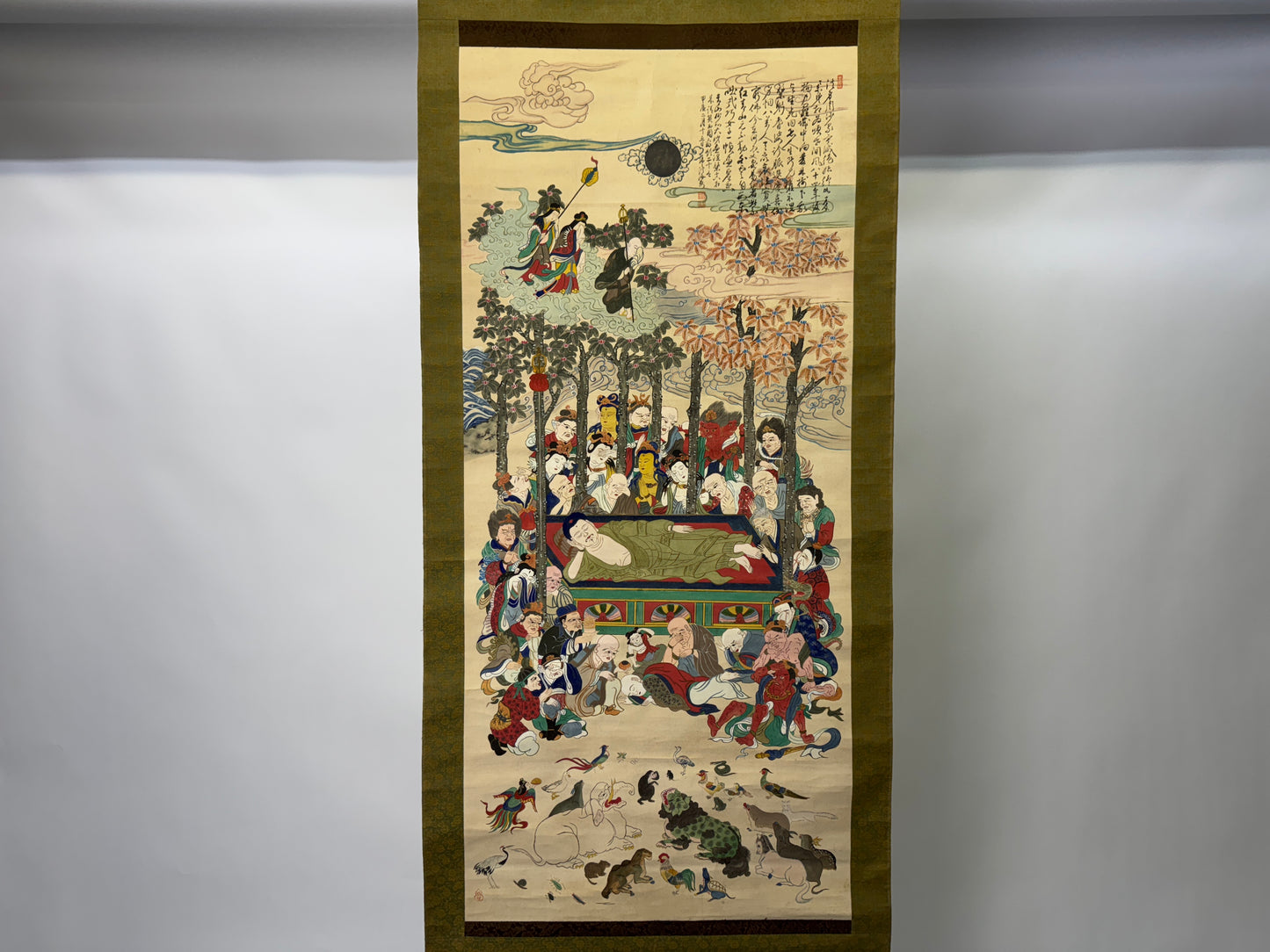 Y9140 KAKEJIKU Nirvana Buddhist art signed Japan antique hanging scroll interior