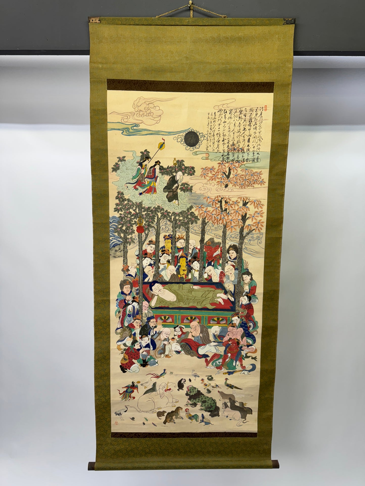 Y9140 KAKEJIKU Nirvana Buddhist art signed Japan antique hanging scroll interior