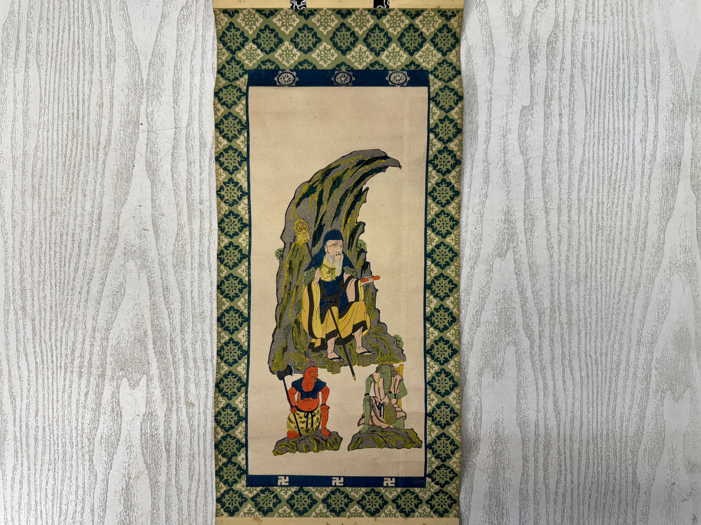 Y9142 KAKEJIKU woodblock print Buddhist painting Japan antique hanging scroll