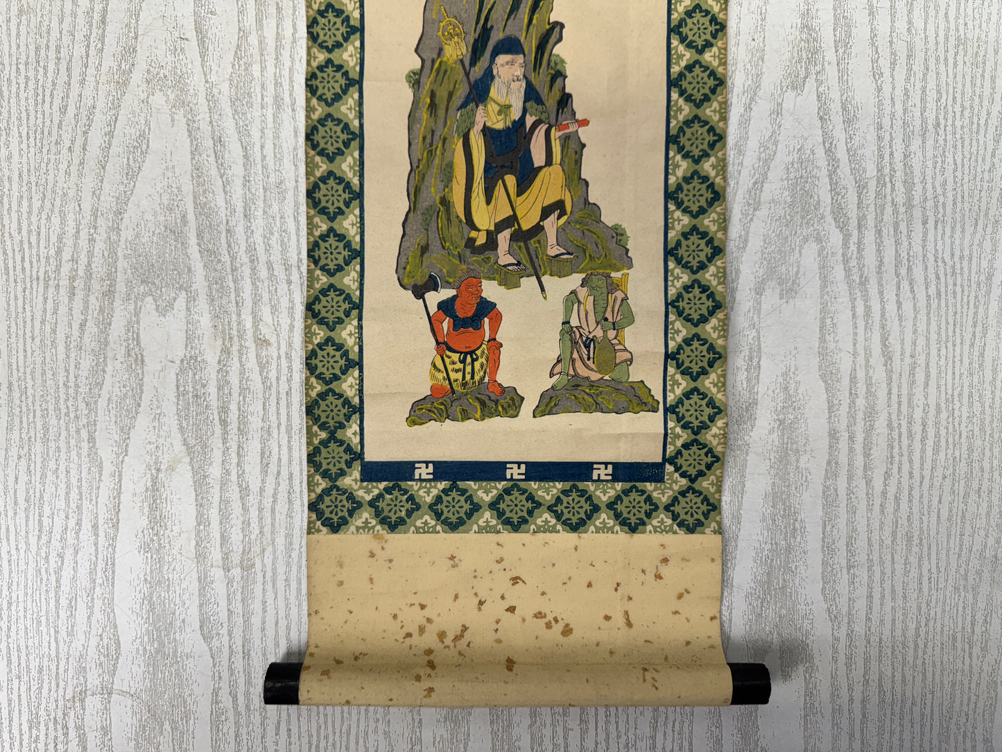 Y9142 KAKEJIKU woodblock print Buddhist painting Japan antique hanging scroll