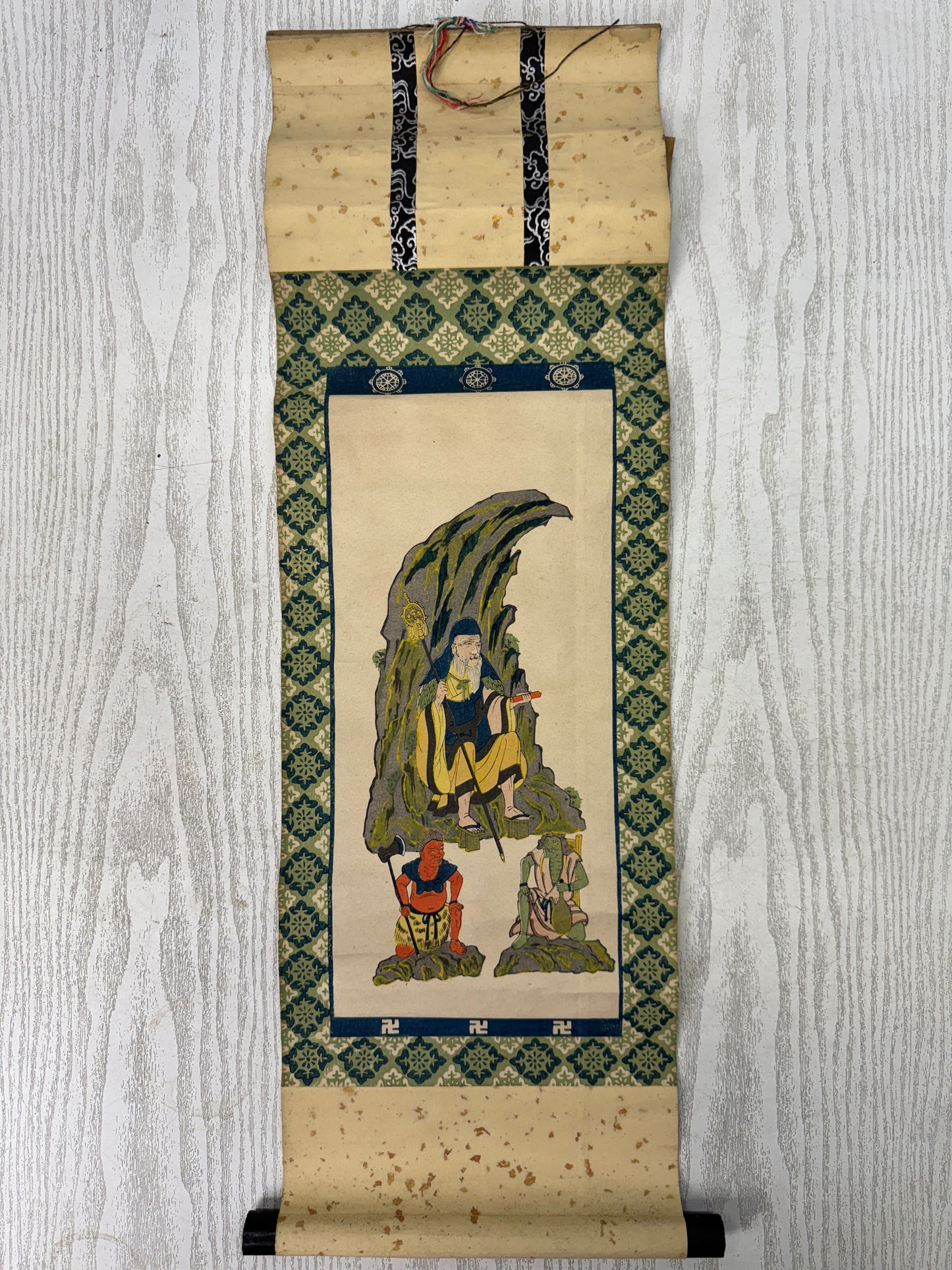 Y9142 KAKEJIKU woodblock print Buddhist painting Japan antique hanging scroll