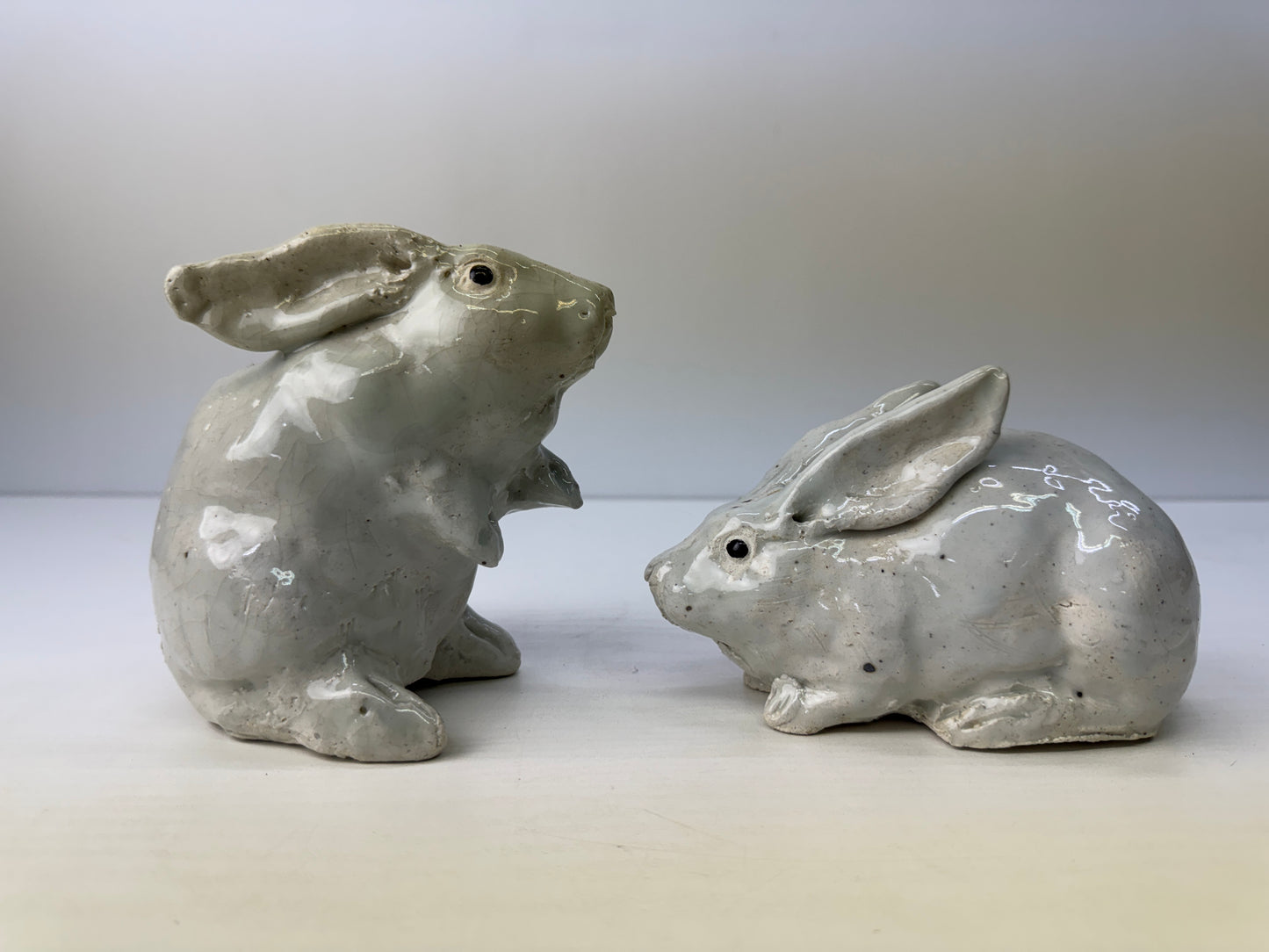 Y9148 OKIMONO Seto-ware Rabbit pair figurine signed box Japan antique interior
