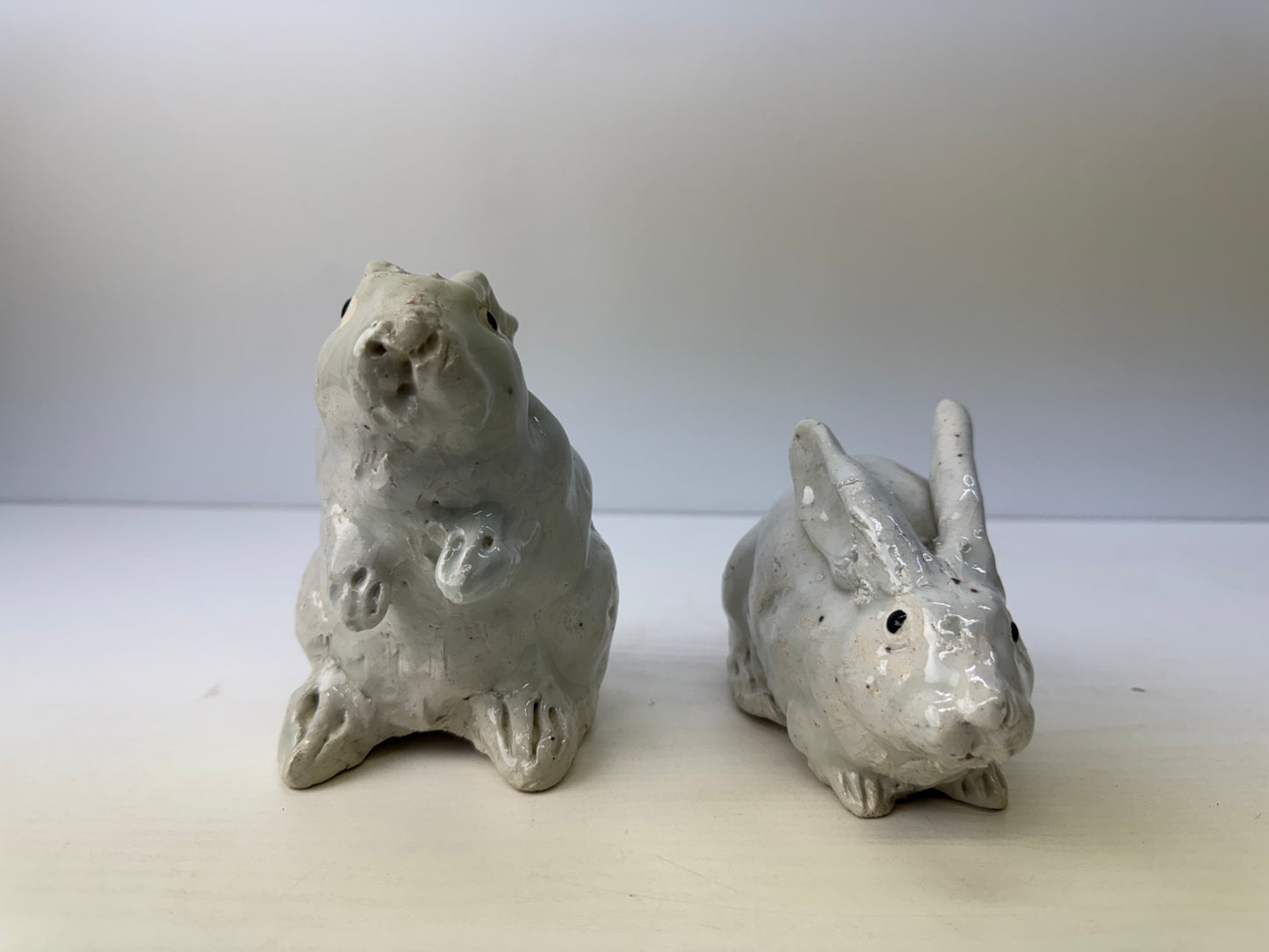 Y9148 OKIMONO Seto-ware Rabbit pair figurine signed box Japan antique interior