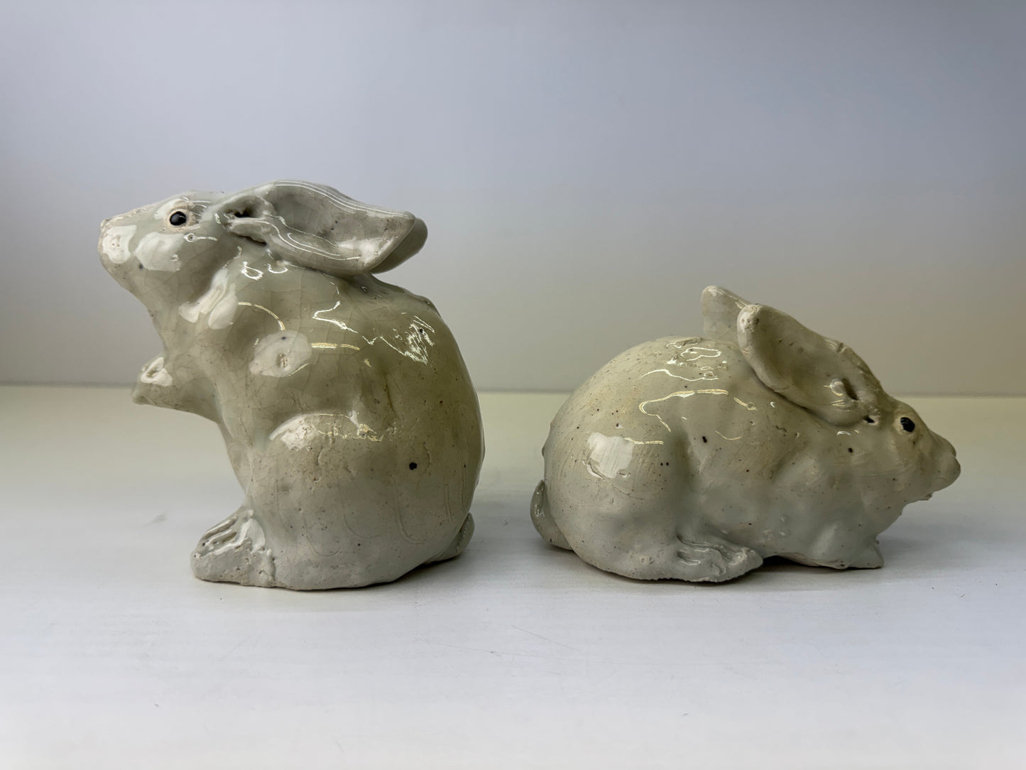 Y9148 OKIMONO Seto-ware Rabbit pair figurine signed box Japan antique interior