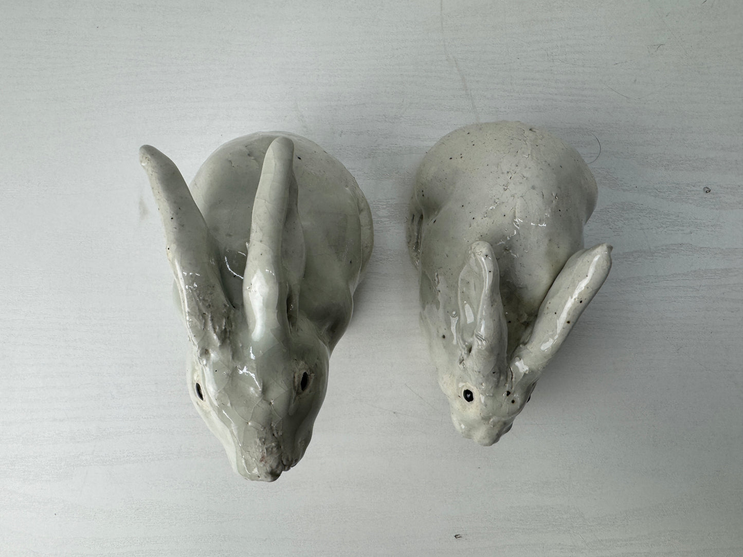 Y9148 OKIMONO Seto-ware Rabbit pair figurine signed box Japan antique interior