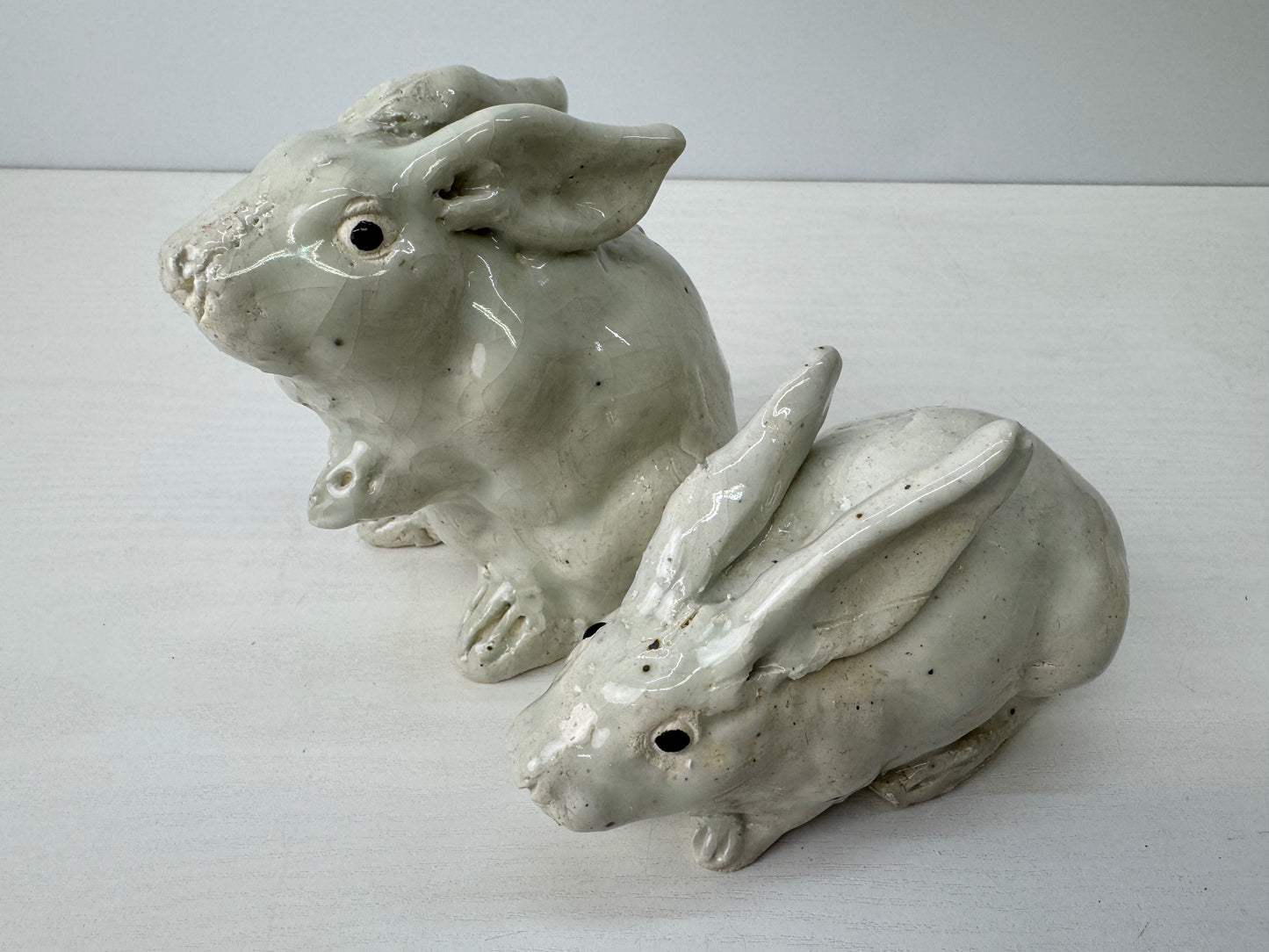 Y9148 OKIMONO Seto-ware Rabbit pair figurine signed box Japan antique interior