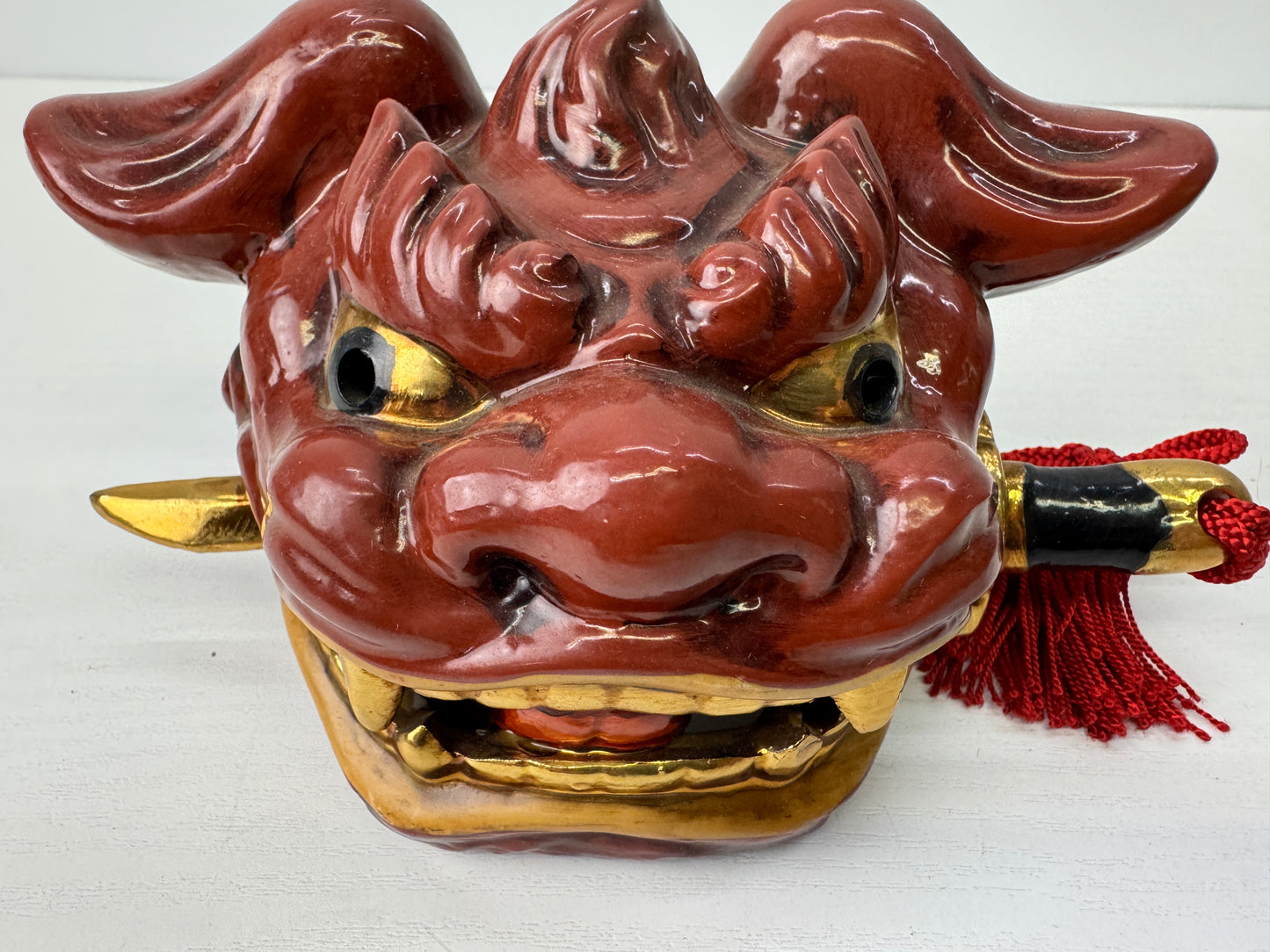 Y9149 OKIMONO Kutani-ware Lion head figurine signed Japan antique interior decor