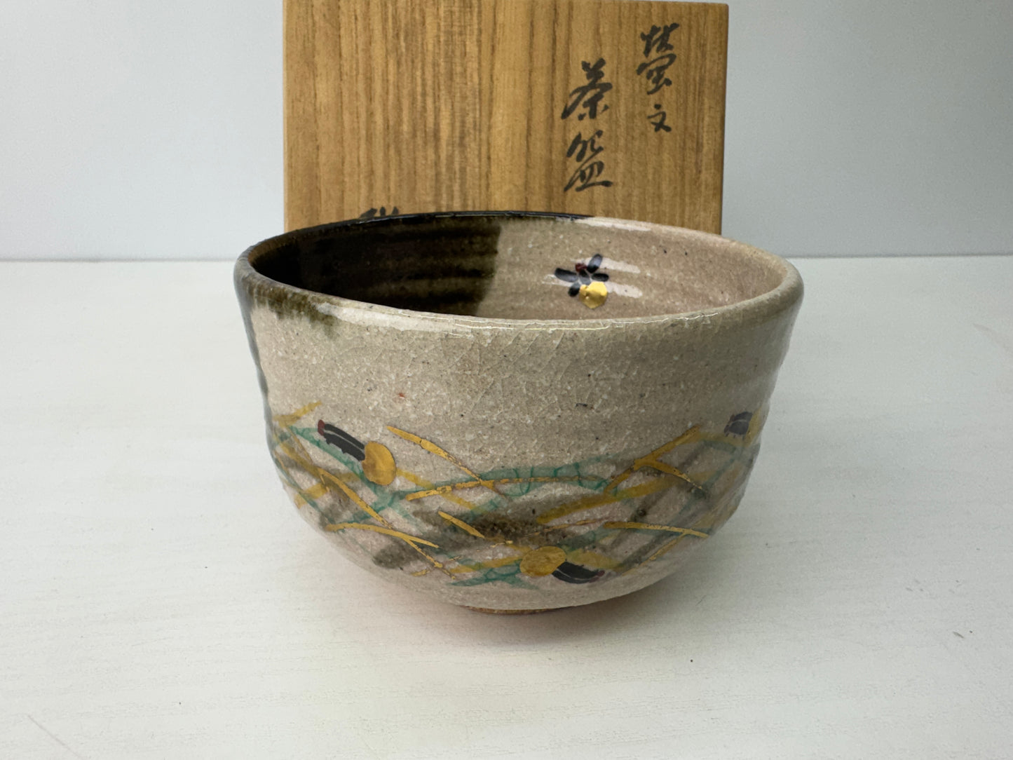 Y9160 CHAWAN Kyo-ware bowl Firefly signed box Japan antique tea ceremony pottery