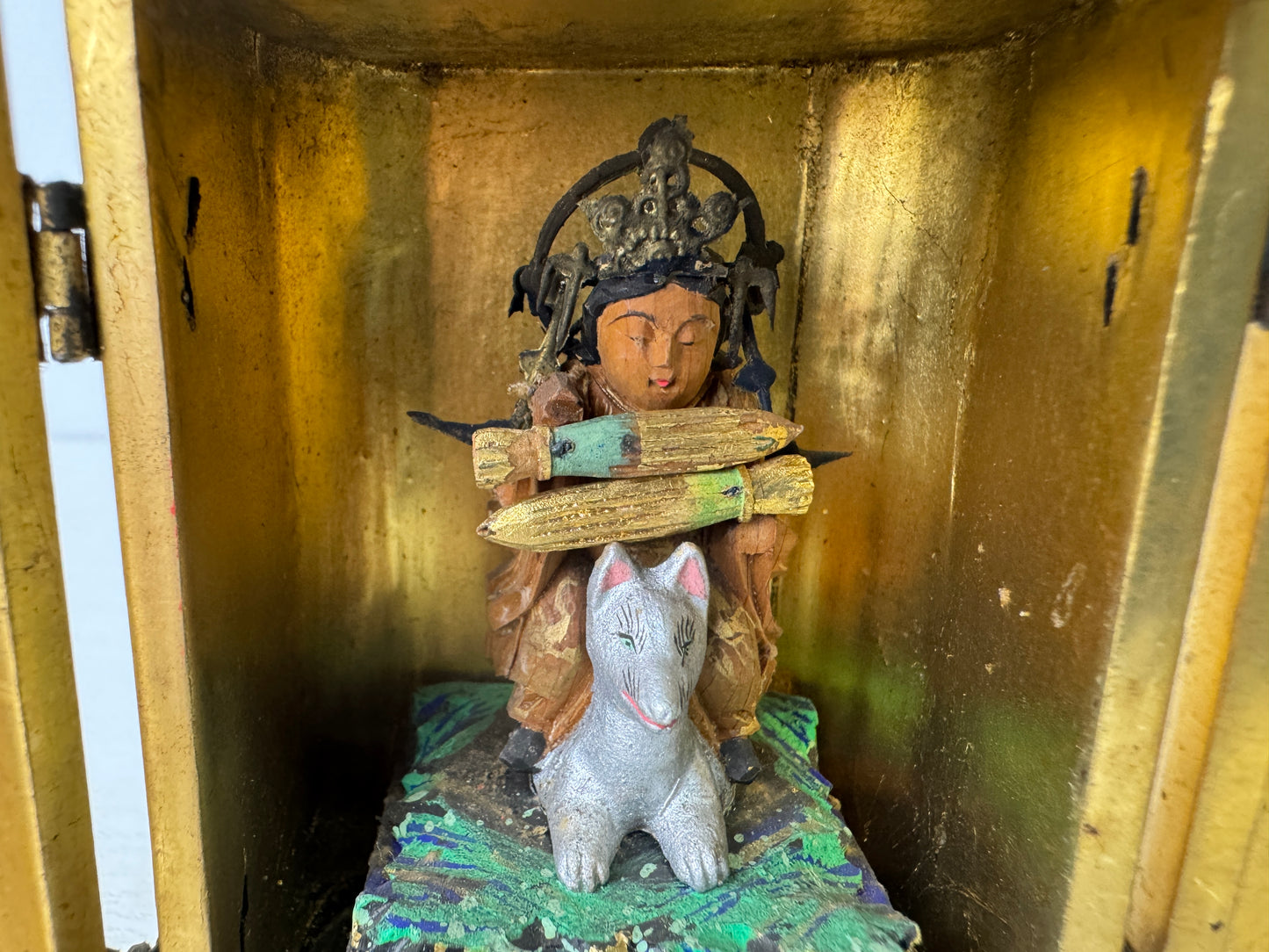 Y9185 STATUE Dakiniten goddess figure shrine Inari fox wooden box Japan antique