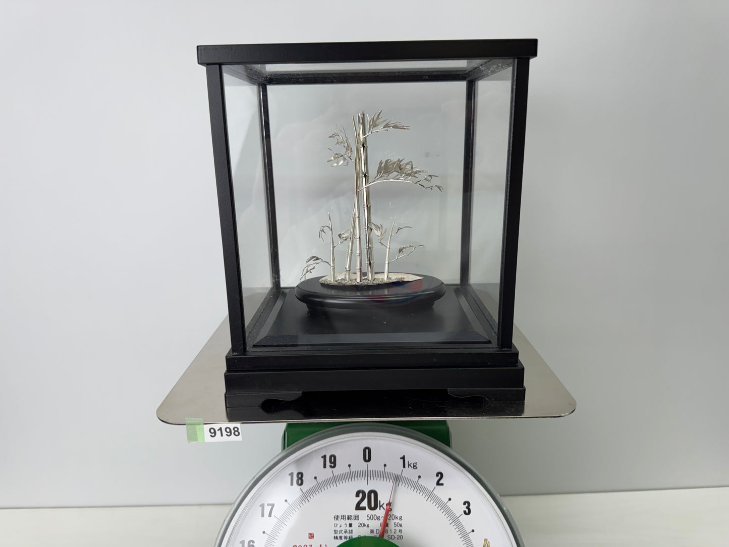 Y9198 OKIMONO Pure Silver Bamboo figure glass case Japan antique interior decor