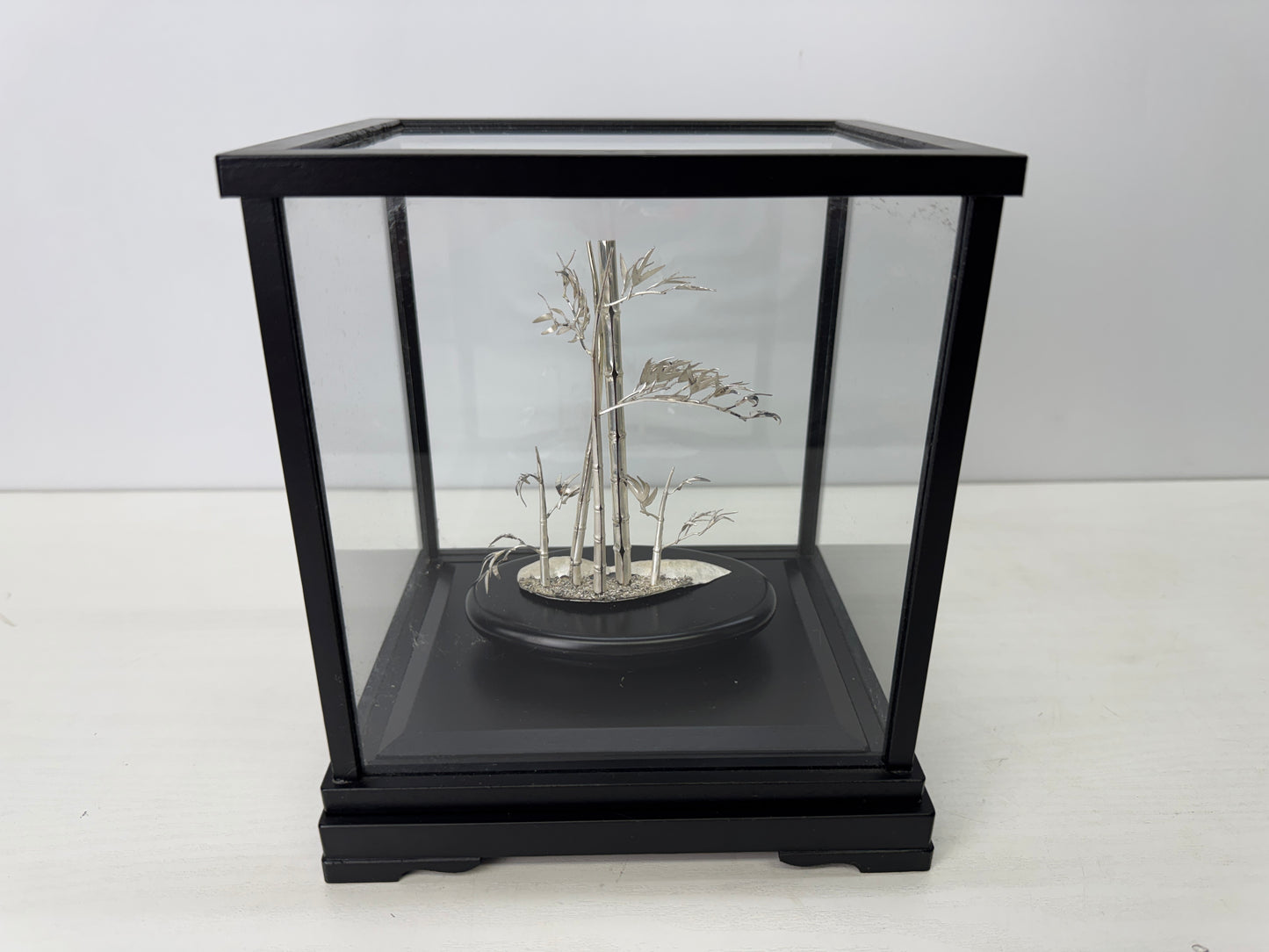 Y9198 OKIMONO Pure Silver Bamboo figure glass case Japan antique interior decor