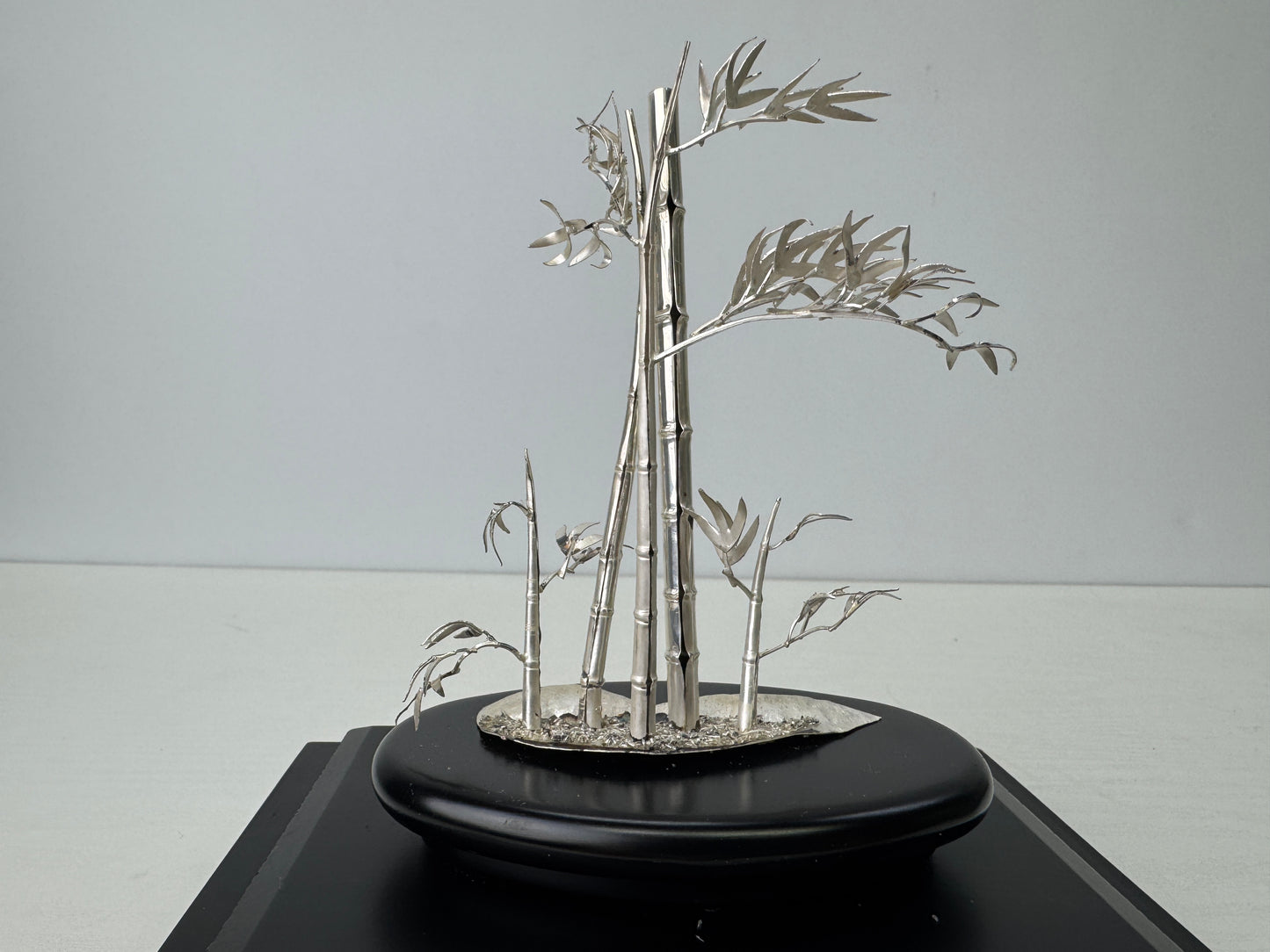 Y9198 OKIMONO Pure Silver Bamboo figure glass case Japan antique interior decor