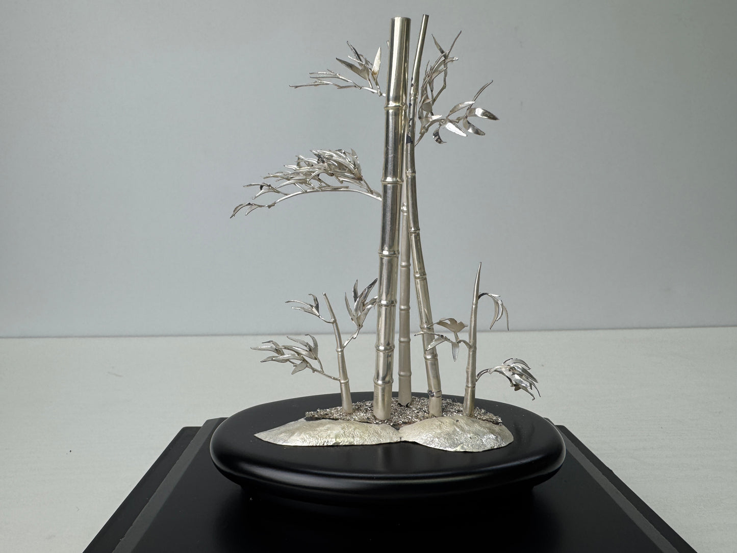 Y9198 OKIMONO Pure Silver Bamboo figure glass case Japan antique interior decor