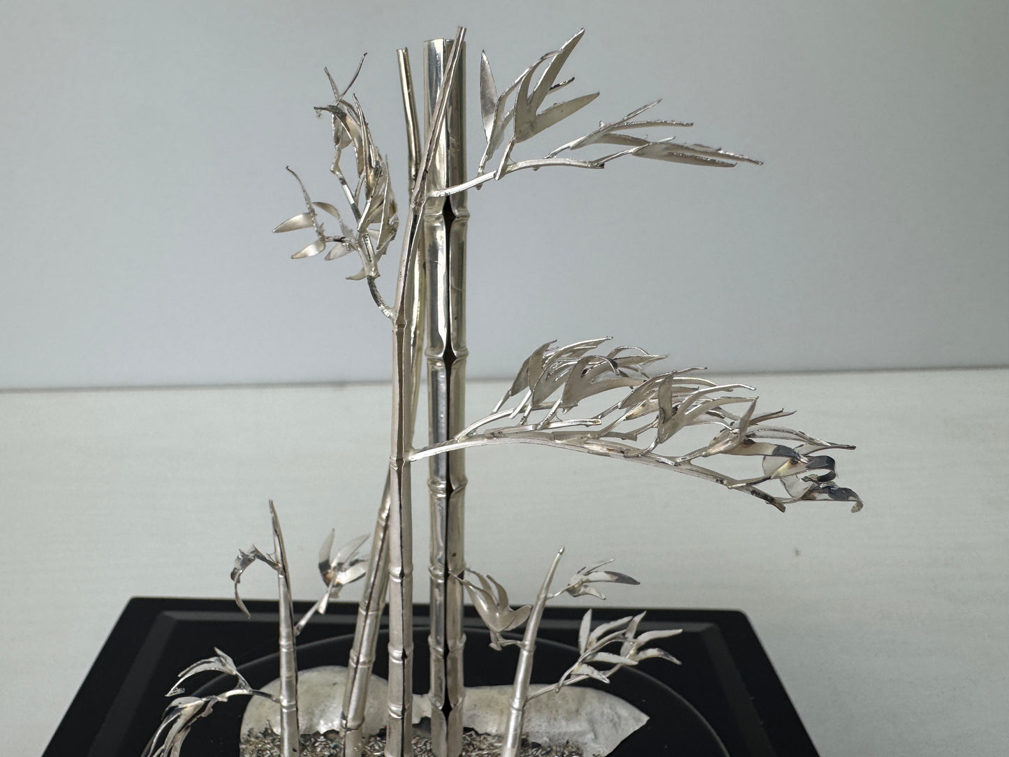 Y9198 OKIMONO Pure Silver Bamboo figure glass case Japan antique interior decor