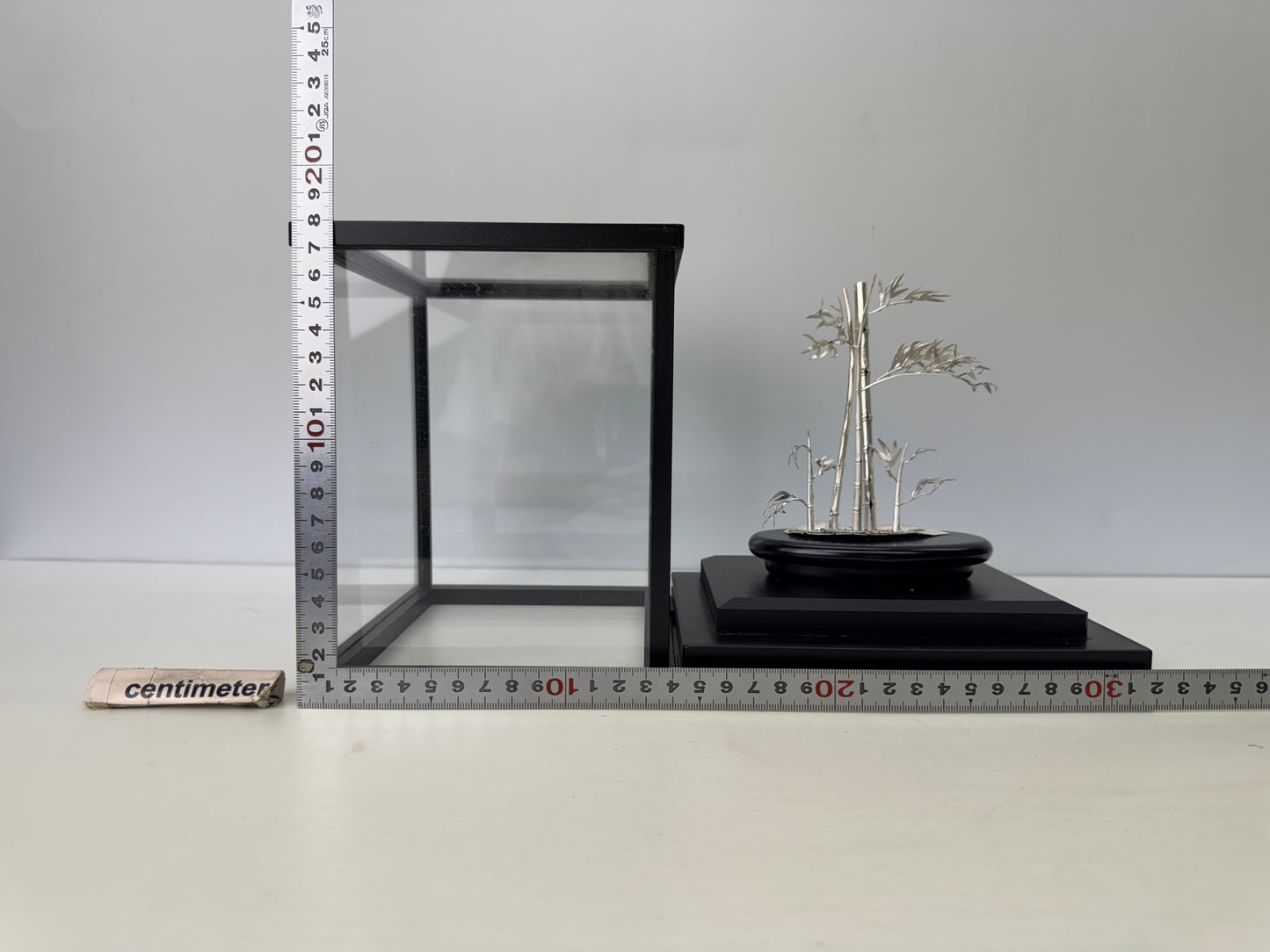 Y9198 OKIMONO Pure Silver Bamboo figure glass case Japan antique interior decor