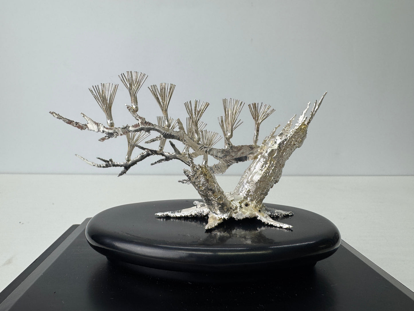 Y9199 OKIMONO Pure Silver Pine figure glass case Japan antique interior decor