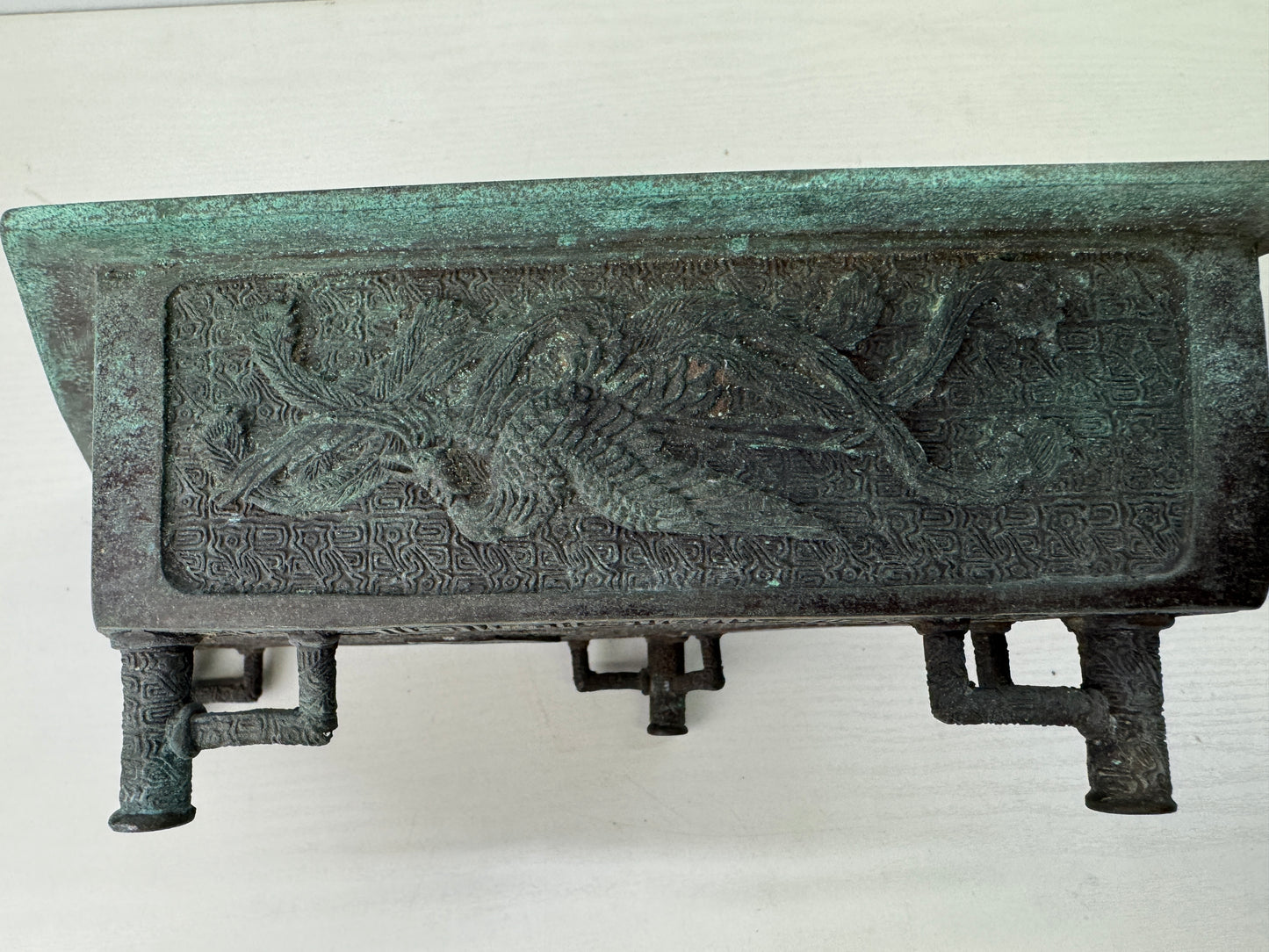 Y9202 BASIN Copper Dragon Phoenix signed Japan floral arrangement ikebana decor