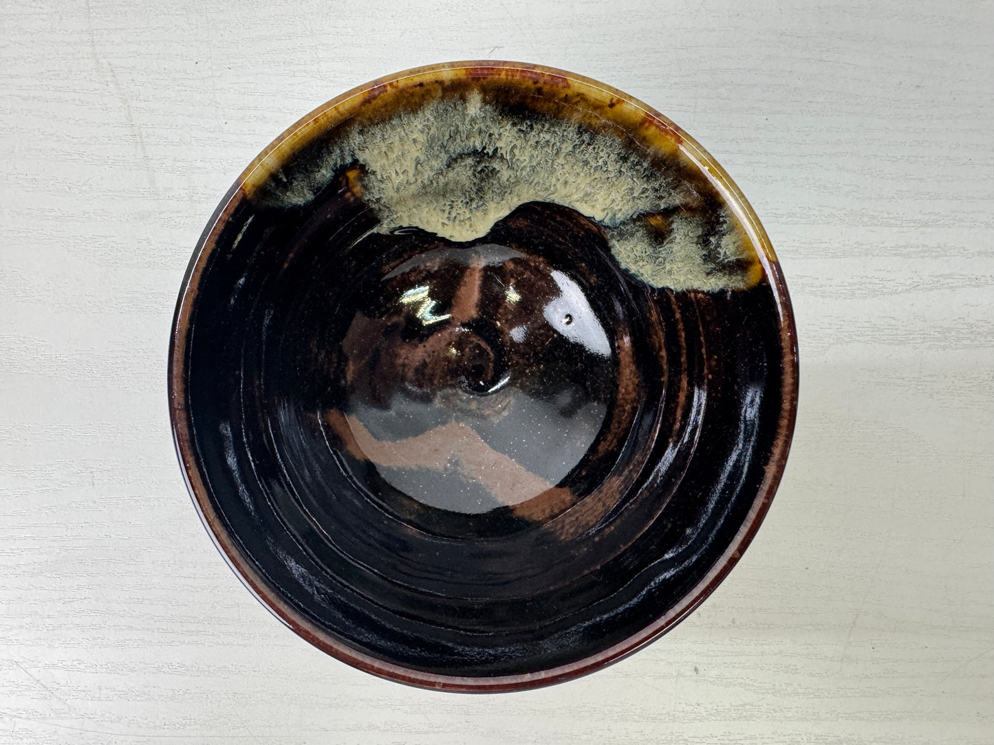 Y9217 CHAWAN Akogi-ware flat bowl signed Japan antique tea ceremony cup pottery