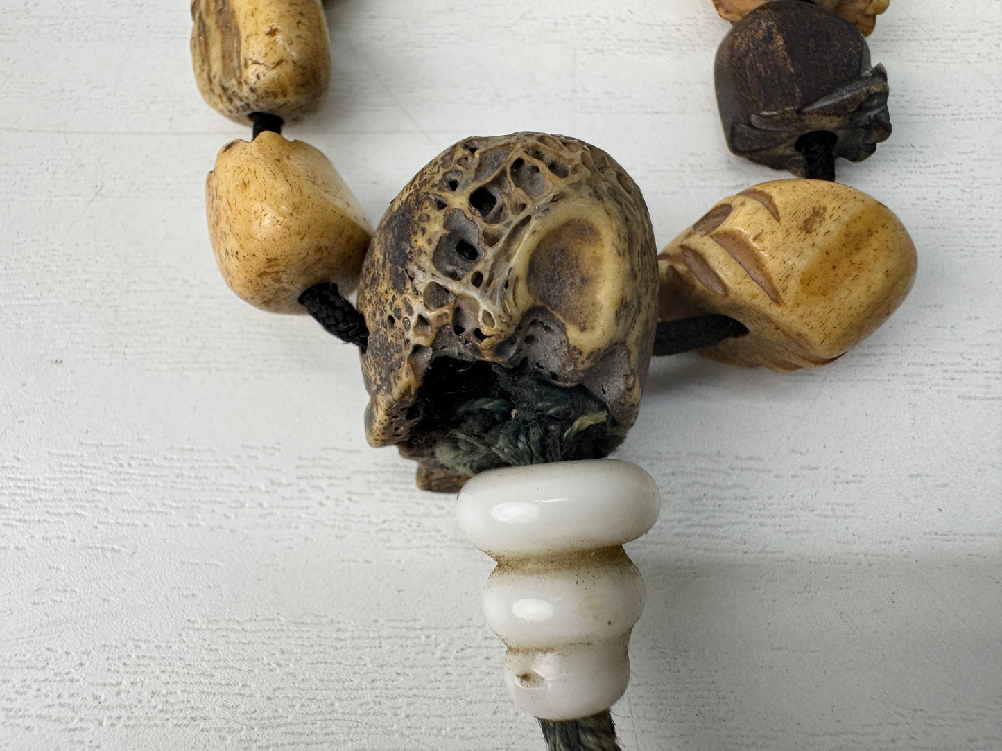 Y9233 JUZU Rosary skeleton carving skull Japan antique Buddhist Prayer Beads