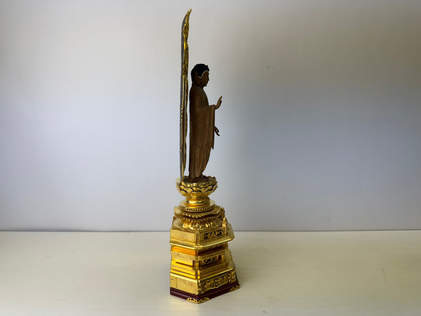 Y9236 STATUE Buddha figurine plain wood gold leaf openwork Halo Japan antique