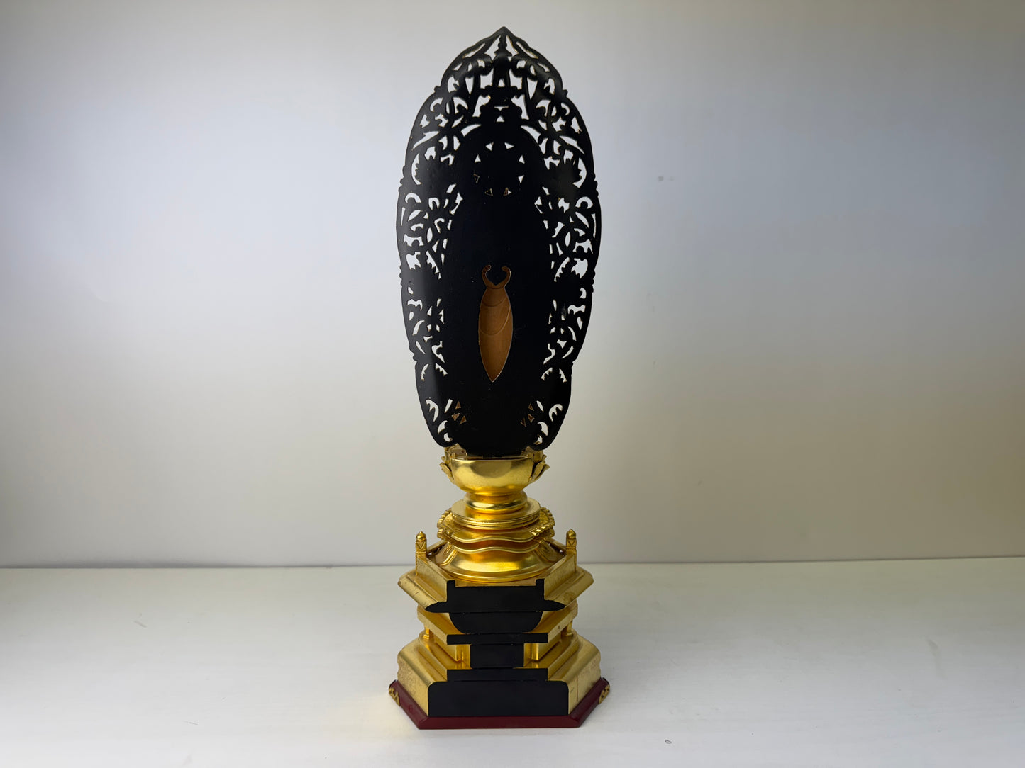 Y9236 STATUE Buddha figurine plain wood gold leaf openwork Halo Japan antique
